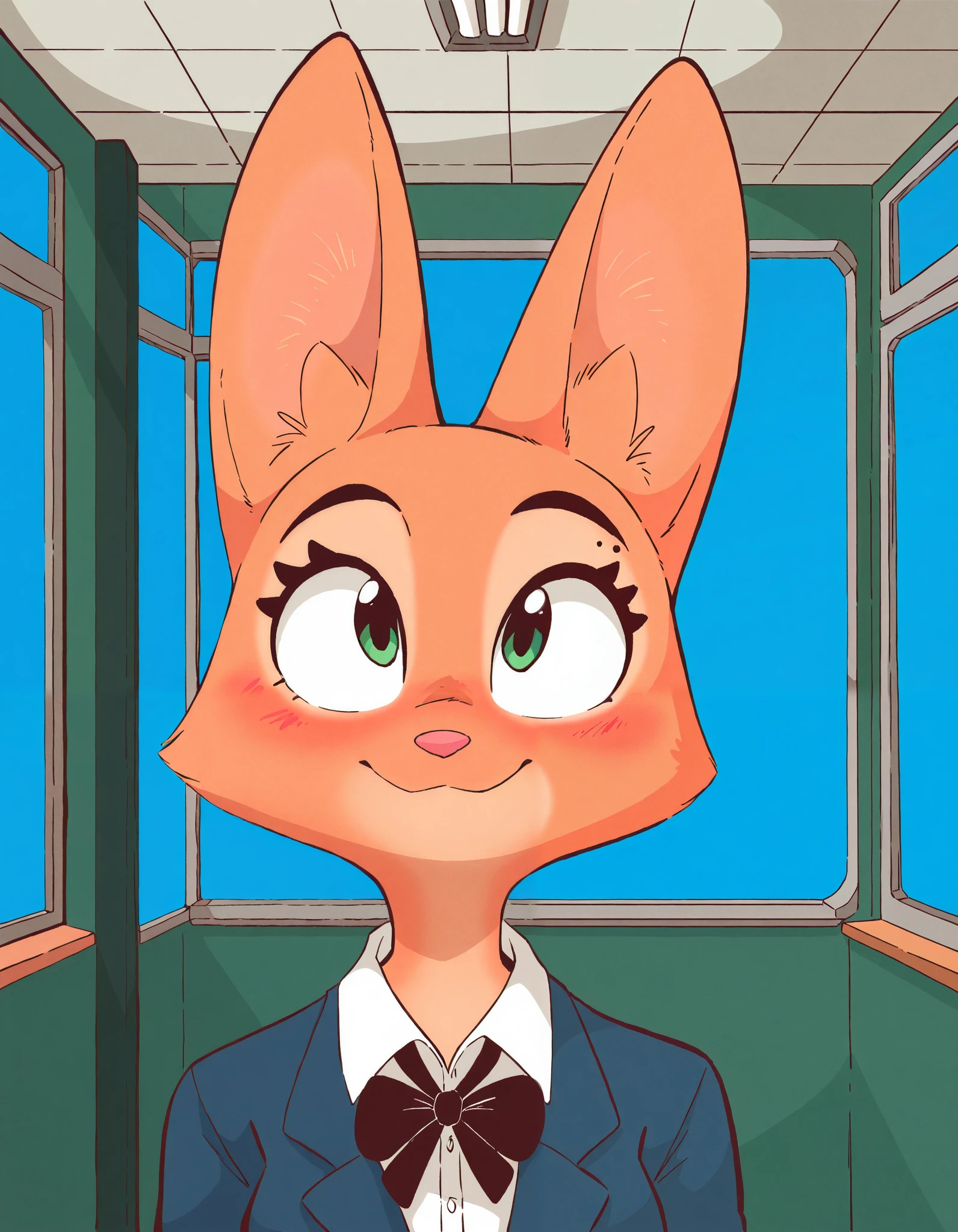 Diane Foxington, , , ginger skin, emerald eyes, school uniform , blush, look at the spectator , Smiles, Interiors, alone, by diives
