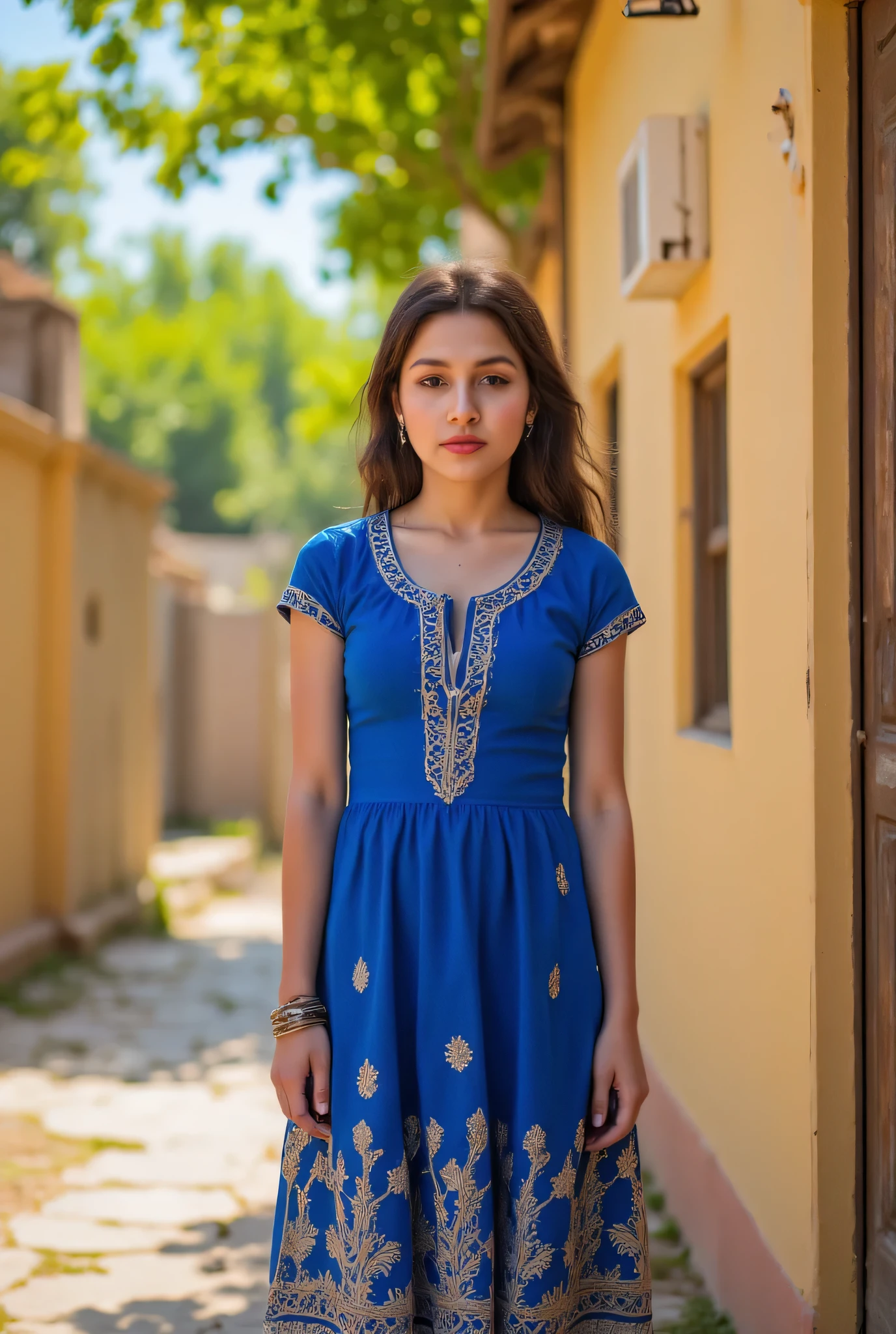 24 year girl in Indian village not modern village rural vibe wearing blue gujrati dress in jaipur