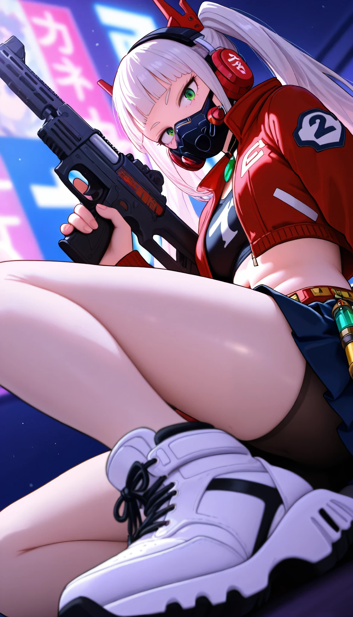 Kohei Horikoshi, My Hero Academia, (masterpiece), XUER guangying, hires, absurdres, best quality, anime frame, realistic:1.2, delicate lines, ((fine features)), ((artificial lighting)), (big and hypnotic eyes), ((smooth and polished skin)), (doll aesthetics), (minimalism in the details), very aesthetic, dynamic angle, dutch angle, foreshortening, side view, face focus, focus, (visual impact):1.2, close-up, 1girl, solo, looking at viewer, vibrant colors, holding gun, jewelry, white hair, long hair, blunt bangs, hair ornament, twintails, mouth mask, headphones, green eyes, open clothing, red jacket, long sleeves, navel, belly, red pleated skirt, tights, bicycle shorts, white shoes, shorts under the skirt, shoes, shoe soles, gun, firearm, minimalist white background, poster, Chinese letters, red letters, unconventional work, extraordinary impact, poster with dynamic and visually striking appearance, kohei_horikoshi_style, greatm8