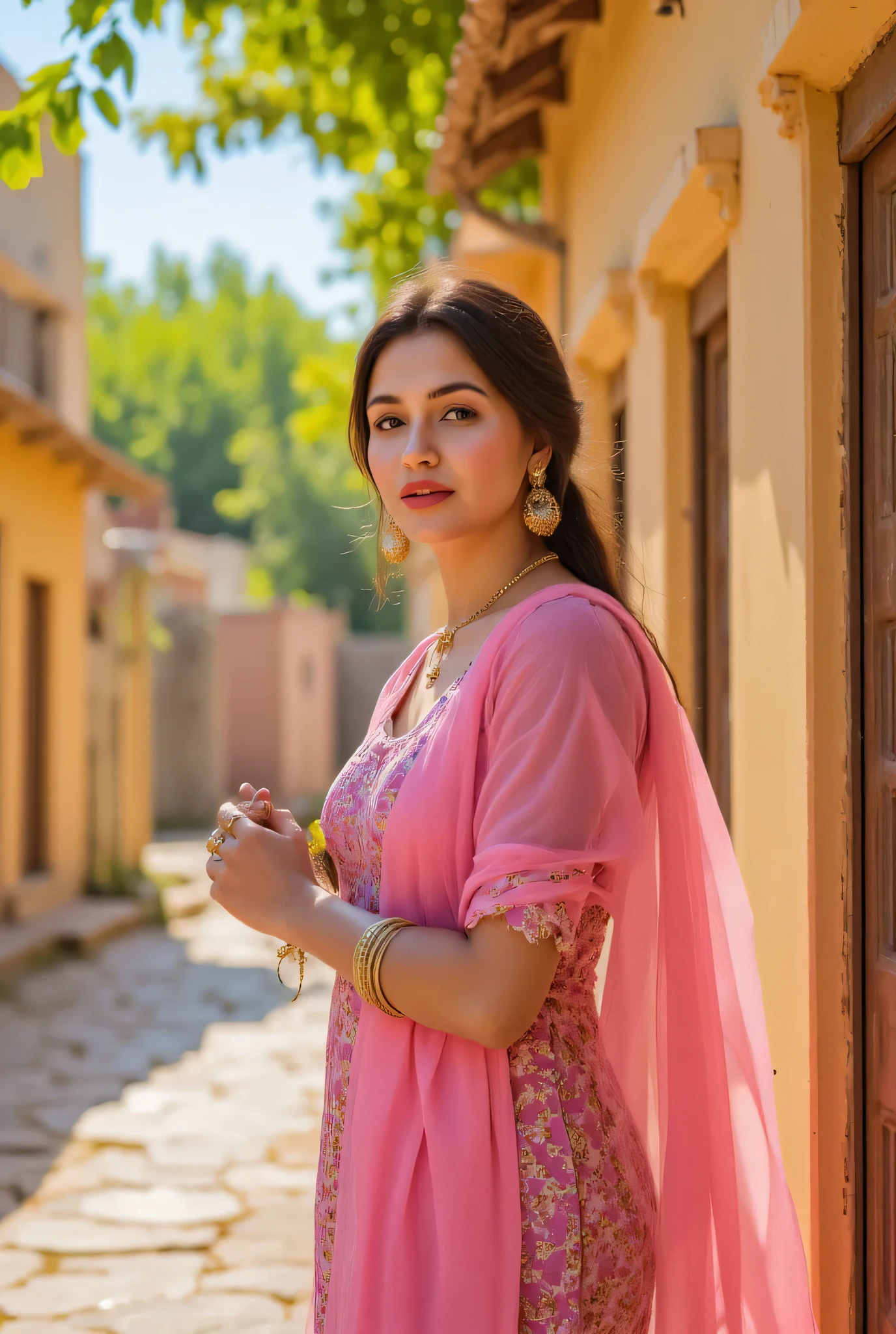 24 year girl in Indian village not modern village rural vibe wearing pink gujrati dress in hawa mahal jaipur