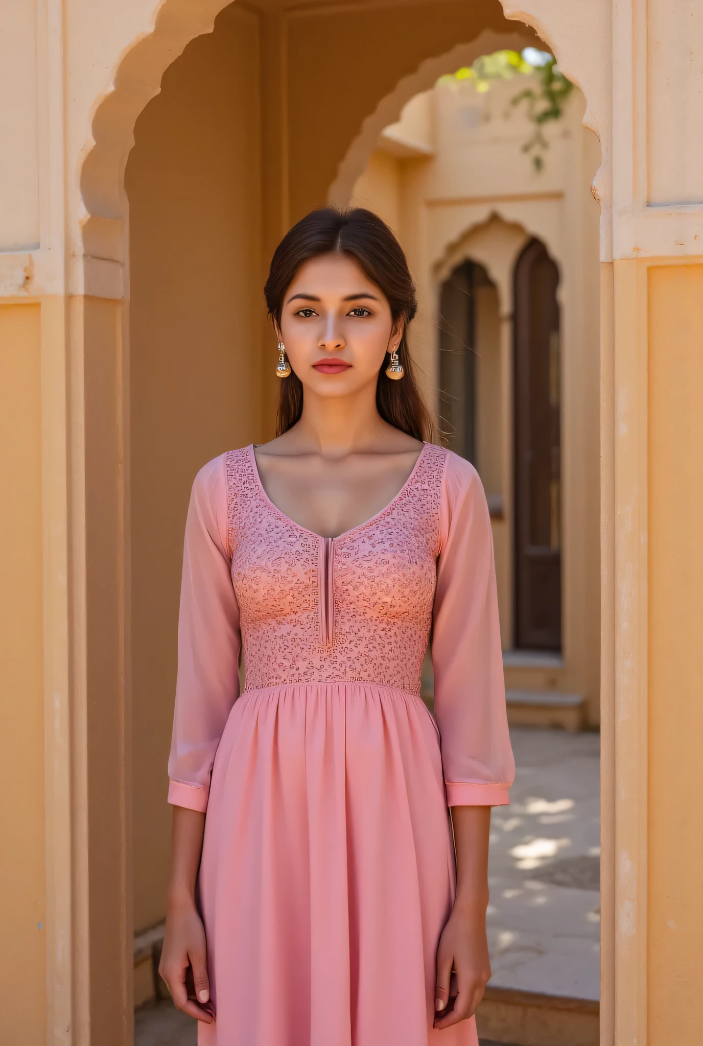 24 year girl in Indian village not modern village rural vibe wearing pink gujrati dress in hawa mahal jaipur