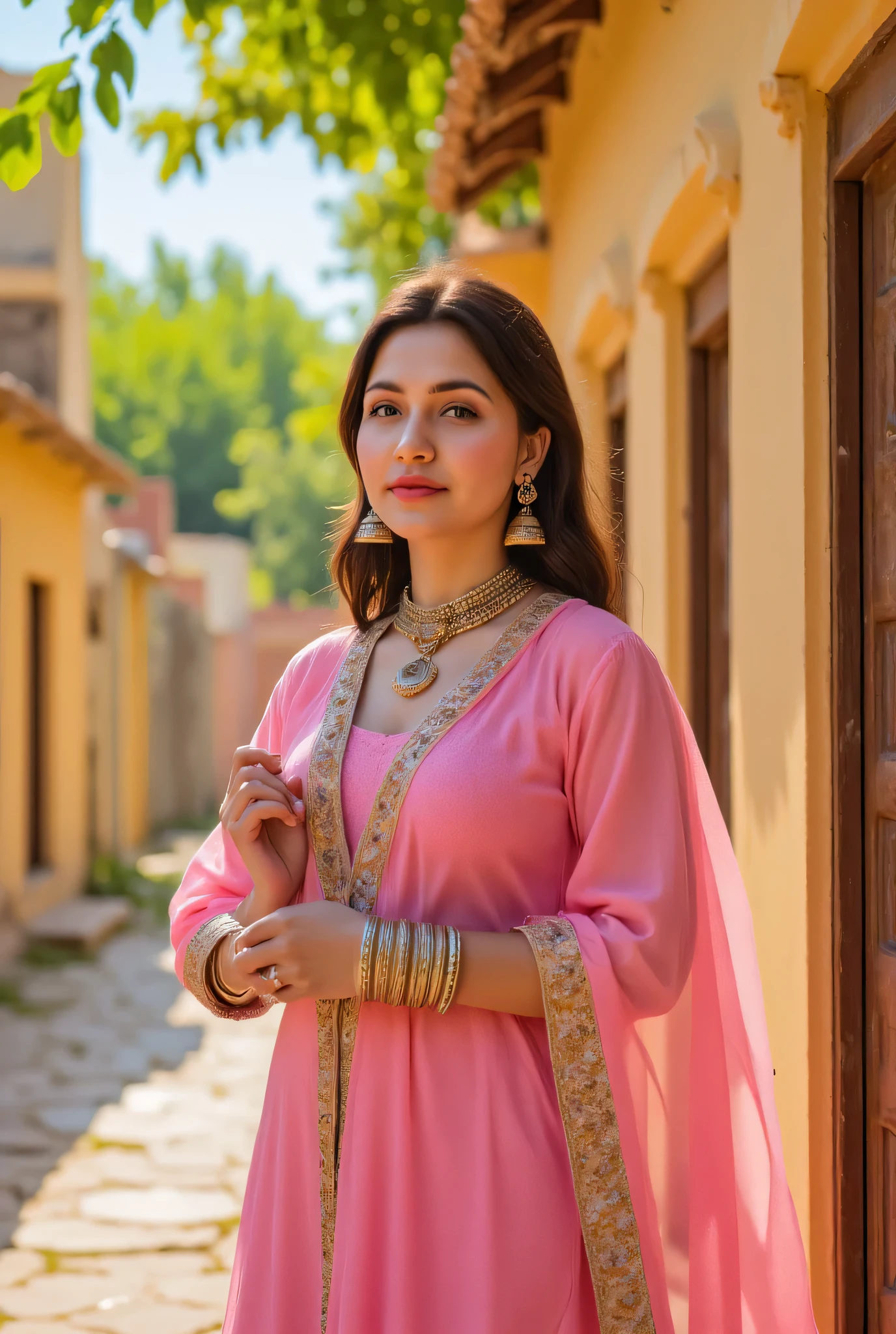 24 year girl in Indian village not modern village rural vibe wearing pink gujrati dress in hawa mahal jaipur 8k