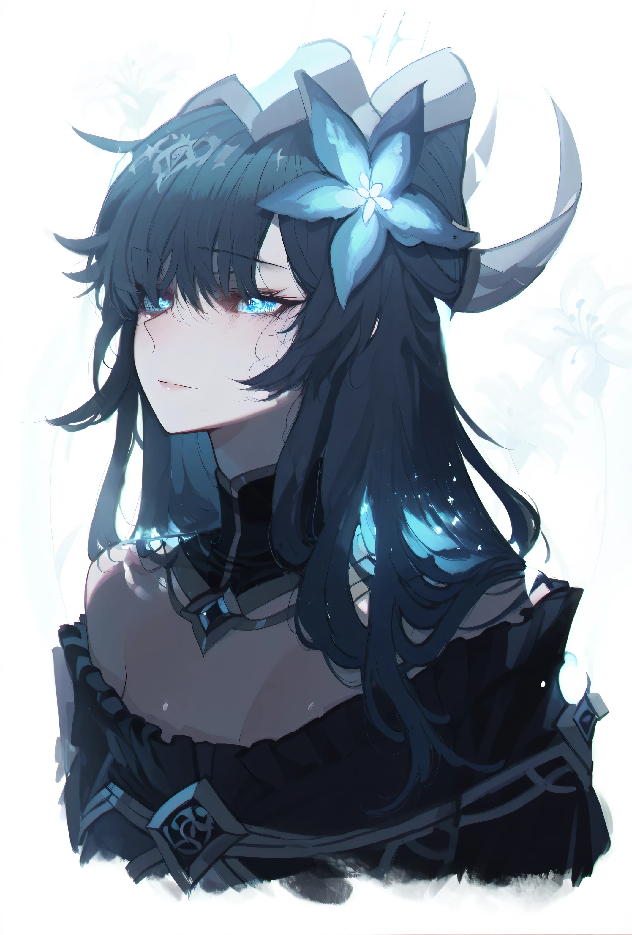 Young anime-style girl with long dark hair (bluish black or navy blue), combed to the side.
It wears an ornament in the shape of a flower or luminous blue star on the side of the hair, that seem to emit a soft glow.
Look slightly to the side, with a calm expression and a touch of serenity or melancholy.
her eyes are light, blue or light blue, with a faint glow that enhances the magical air of the character.
Clothes and aesthetic details
Wear a dark outfit (high-neck dress or blouse) in an elegant and slightly Gothic or fantasy style.
The predominant color of the clothes is black or very dark blue, with subtle details such as ribbons, delicate folds or edges.
Possible floral motifs or mystical ornaments that match the flower theme/star in the hair.
Style and lighting
Digital illustration with soft brushstrokes, evoking a semi-watercolor style or light digital painting.
Chromatic palette centered on dark blue and black, with touches of light in light blue or white tones to create contrast.
Diffused lighting that highlights the outline of the character and the brightness of the flower/star in her hair.
Ethereal or dreamy effect, with light transparencies or mists around the character.
Background and atmosphere
Predominantly white or very light background, with soft brushstrokes or abstract shapes in light blue.
Small floral figures or subtle butterflies floating in the background, maintaining a fanciful and light aesthetic.
Feeling of mysticism and tranquility, as if the character were surrounded by a magical aura.
Additional indications
Focus the composition on the face and upper torso, to emphasize the serene expression and details of the hair.
Include sparkles or faint sparkles in the flower/in the hair and in the eyes to enhance the supernatural aspect.
Maintain proportion and anime style, with a focus on the harmony between the darkness of the outfit and the luminosity of the magical details.