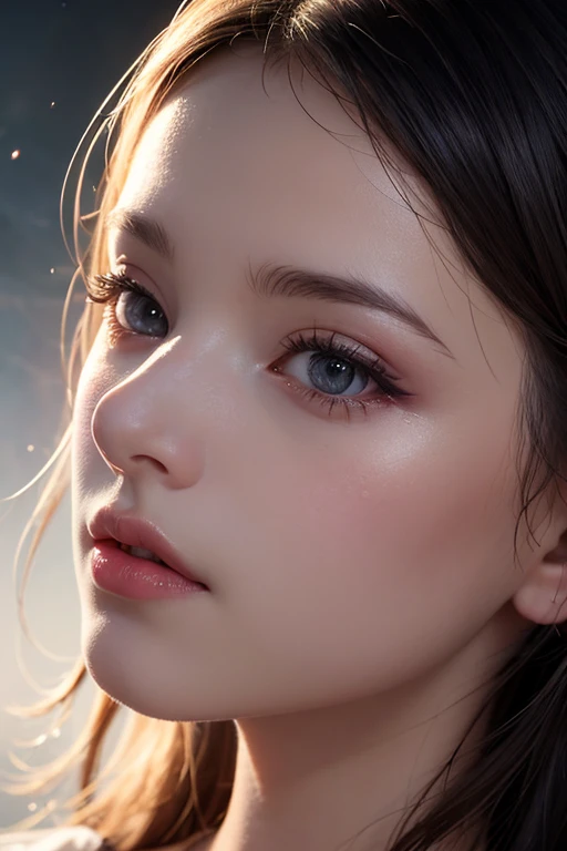A mysterious night lake, where moonlight reflects on the surface, and a single white feather floats gently. The feather seems to dissolve slowly into particles of light, surrounded by delicate mist. A cinematic composition exuding a fantasy-like and sacred atmosphere.