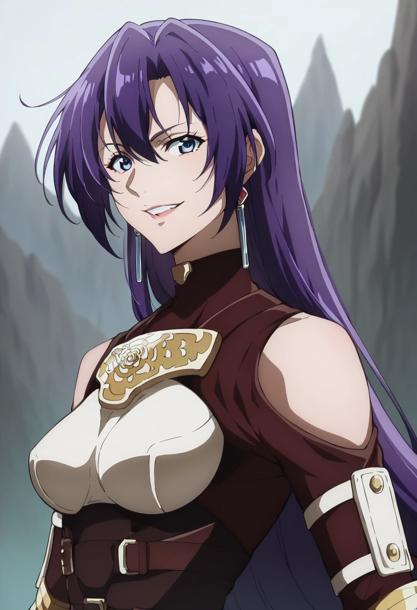 masterpiece, best quality, high quality details, 1girl, solo, breast, long hair, dress, purple eyes, very long hair, black hair, choker, collarbone, fingerless gloves, smile, bracelet, armor, upper body, breastplate, cleavage, necklace, jewelry, smile,
