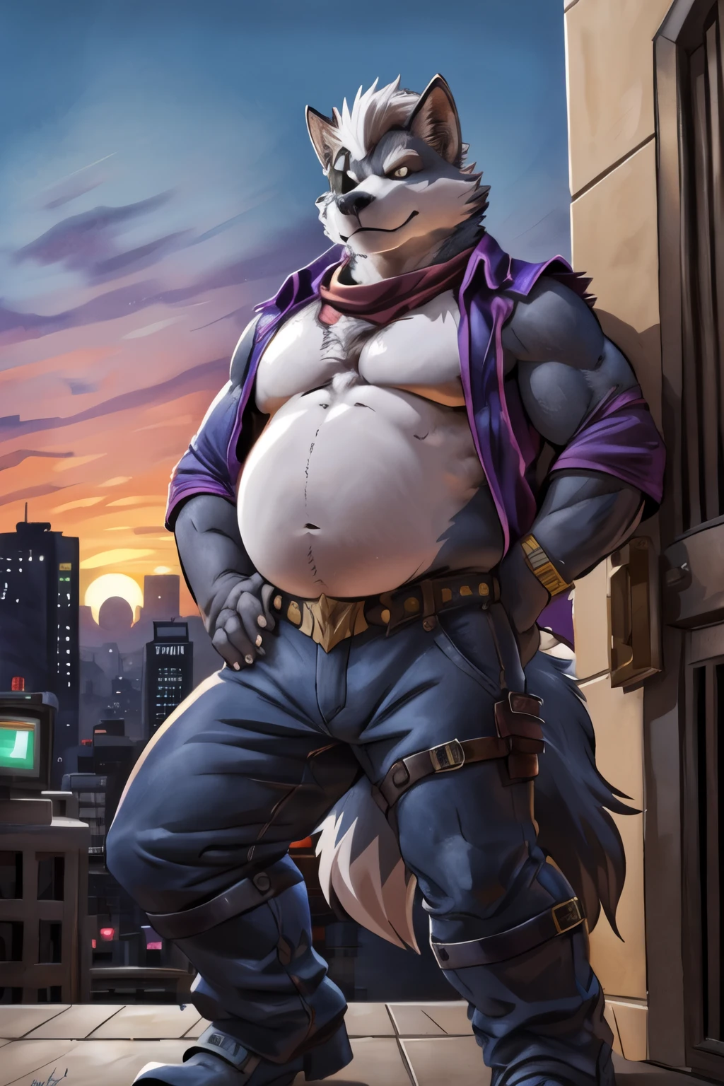 wolf o'donnell, showing off. 4k, high resolution, best quality, posted on e621, anthro male, obese, (very overweight, fat chest, big belly, thick thighs), topless, dusk, macro in miniscule city, (by wfa), (by negger), (cel shaded), cartoony shading, confident, (pants, belt), eyepatch, handsome, purple scarf