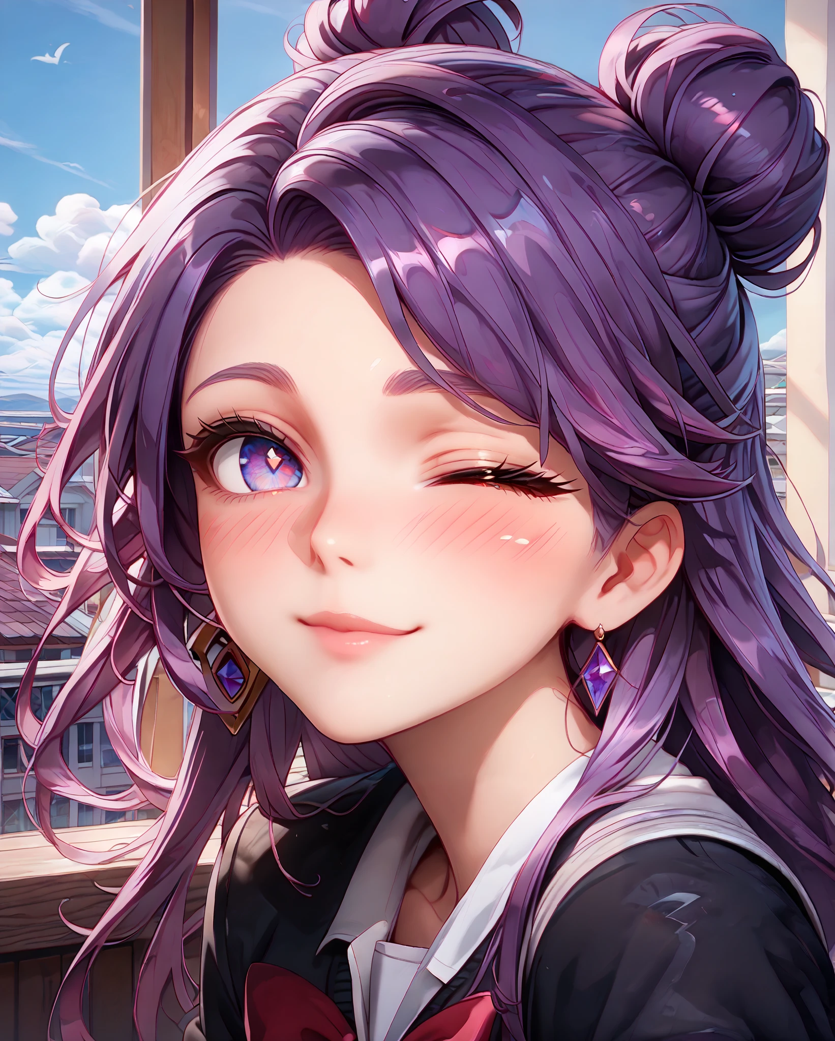 Close-up, Near distance, Score_9, Score_8_up, Score_7_up, Score_6_up, Score_5_up, Score_4_up, Tag1, Tag2, Quality_masterpiece, Absurd res, Anatomically correct, Beautiful face, Perfect face, Highly detailed beautiful face and eyes, Attractive face, Detailed face, Delicate facial features,high detail face, Detailed skin, hyper realistic ,high definition detail, Amazing work , wallpaper, screencap, masterpiece, high resolution, best quality ,8k ( Kaisa from league ) (purple Hair) (Black clothes) (long hair) (school girl uniform) updo hair, 1girl, look at you, look of disinterest, room, rooftop, midnight, , blushing, ebarrasing, alone, high purity eyes, concentrated , look of disinterest, thinking, look at you, mature, look of empowerment, (love blush:1.5) half closed eyes, one eye closed, lewd smile, only face