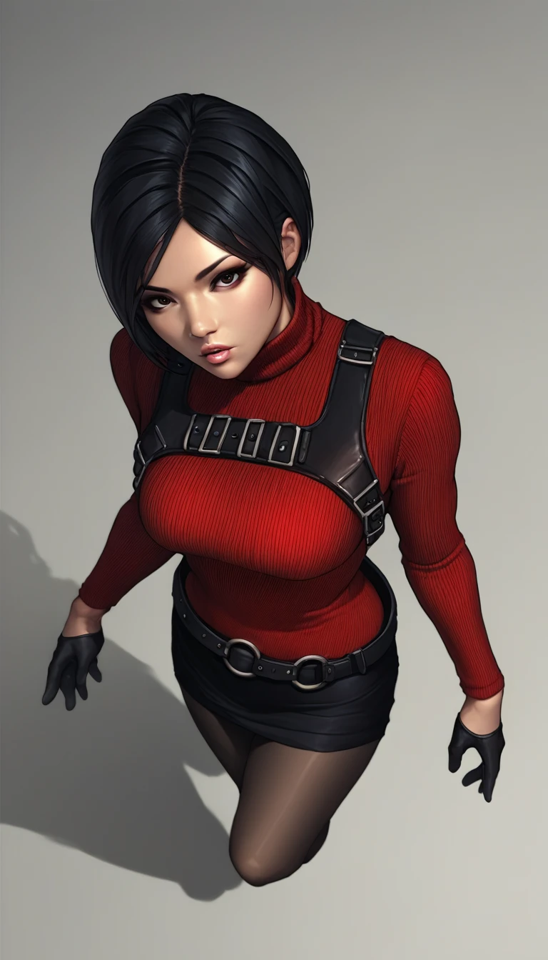 one asian girl, ada wong, solo, abs, slender body, (upper body, bust:1.2), black eyes, black hair, choker, (red clothes, tiny breasts, small breasts, male chest, cleavage:1.5), bare shoulders, belts, shoulder-belts, masterpiece, highly detailed, look at viewer, shiny blured orange background, gradient sprayed background, front view, gradient red purple background, blured background, glowing edges of image