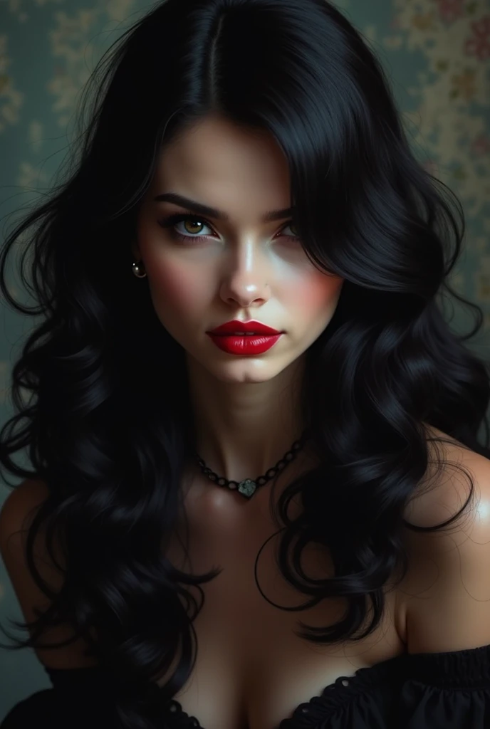 White female character, long black wavy hair, with brown eyes and an intimidating look, red mouth.