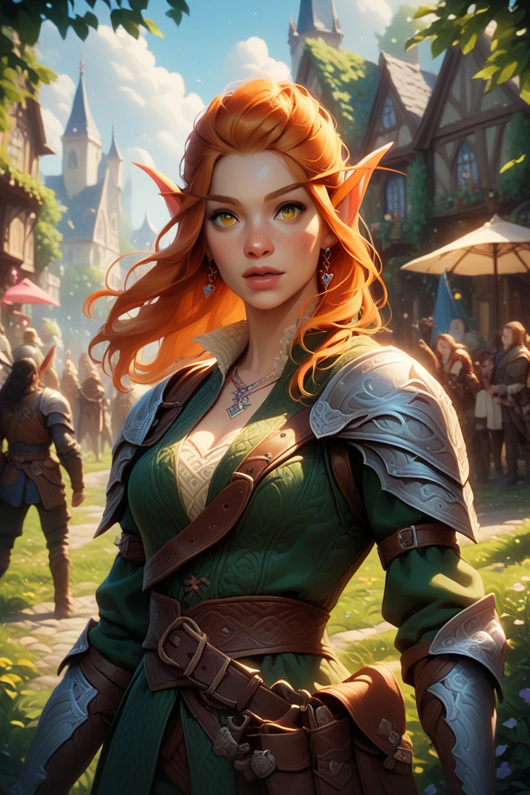 close up of a red haired elf singing in a tavern, MEDIEVAL STYLE,high fantasy RPG style, League of Legends-inspired art style, dynamic poses, detailed facial features, cinematic lighting, vibrant colors, dramatic atmosphere, gritty realism, masterpiece, best quality, ultra-detailed, VALORANT