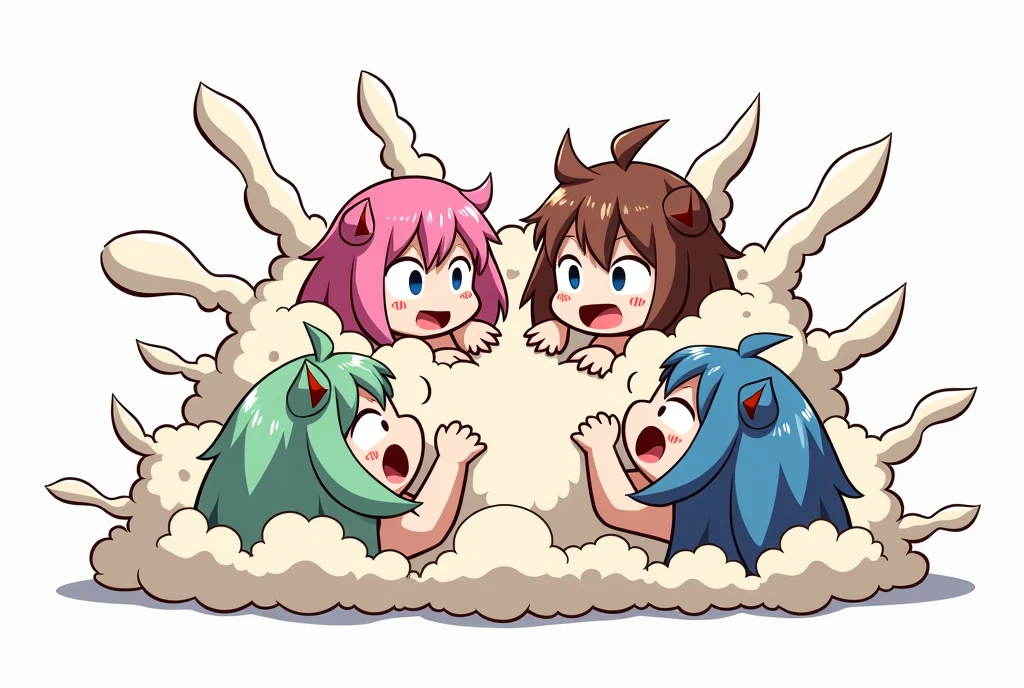 An anime-style illustration depicting many monster-girls playfully wrestling with each other inside a dream comical fight cloud.
each monster-girl has different colored hair.
their faces,hands,and feet are visible emerging from the cloud as they tussle humorously,  with the rest of their bodies completely hidden inside the cloud.
the illustration emphasizes the humorous and energetic nature of their scuffle,with a fluffy  and exaggerated fight cloud.