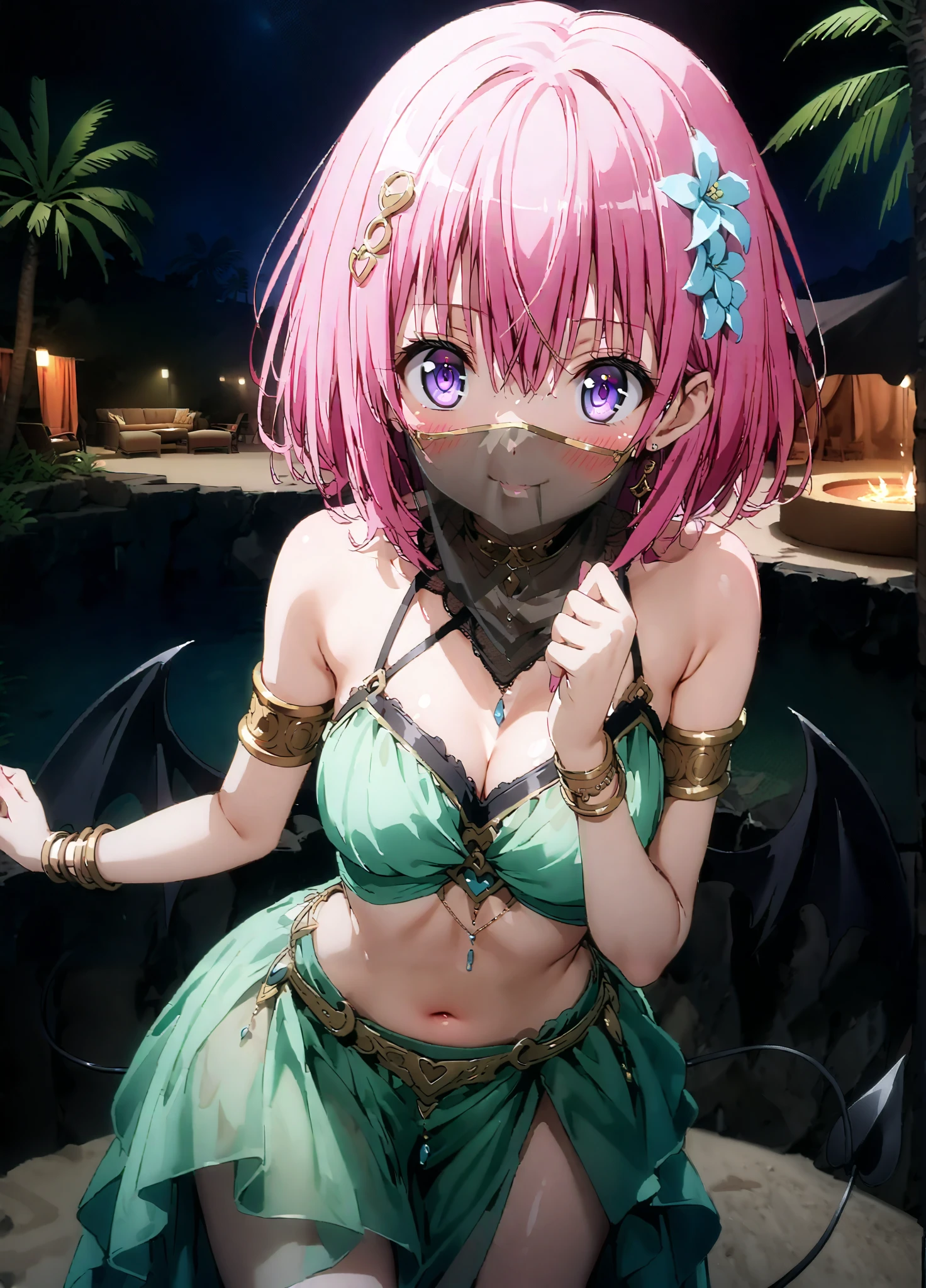  score_9,  score_8_up,  score_7_up,  source_anime,
Momo Devil, Momo Deviluke, Alone,demon Tail,  Hair Flower, hair ornaments close to the garden, purple eyes, pink hair,  short hair, Tail,smile,blush,squint,Close Your Mouth,Medium breast, Chest Valley,
demon Tail,Arabian clothing,  dancer , mouth Veil, belly Dancing, Veil, armlet,,  desert,  oasis, palm tree, Bare legs,water,  stage,Dancing,bare feet,night,full bodyがイラストに入るように,                                           break outdoors,  desert, oasis,
break looking at viewer,full body,
break (masterpiece:1.2),Highest quality , kampala, Unity 8K Wallpaper ,(shape:0.8),(  fine, beautiful eyes  :1.6),It's a person ,full body写真,CG Details , (perfect hands, complete anatomy),