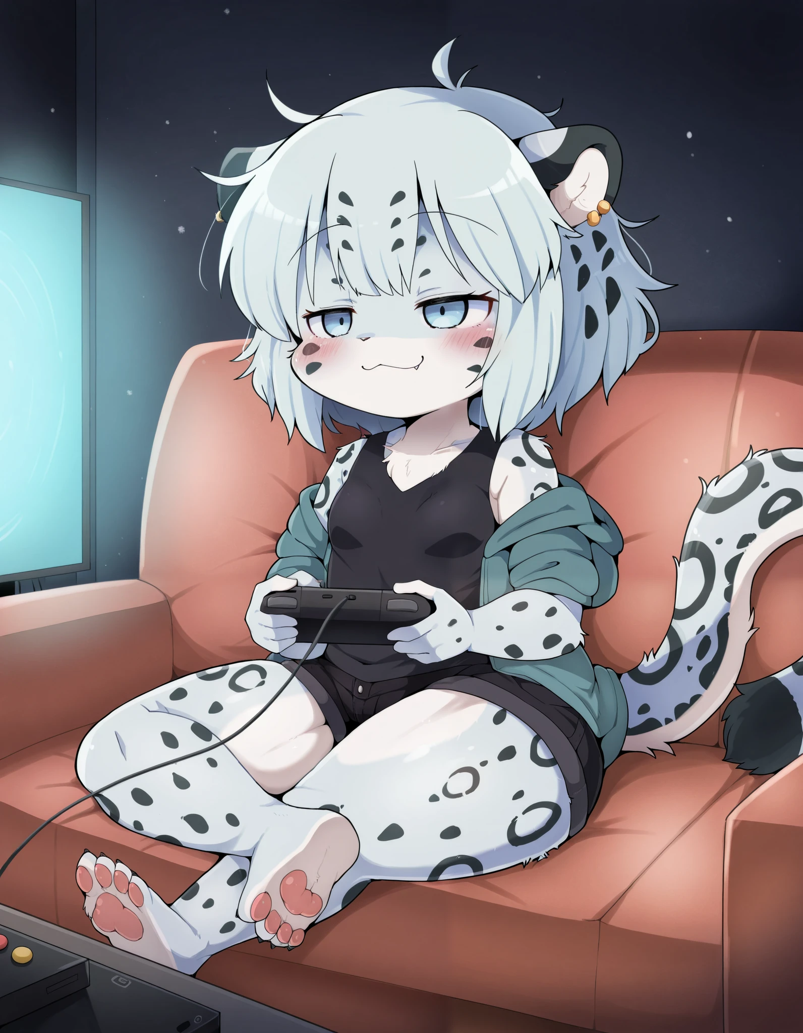 dagasiyuki, leopard tail, furry, (Masterpiece, best quality:1.2), 1girl, console, tv, playing games, living room scenery, night, couch, sitting cross-legged, dark lighting, detailed shadows, BREAK, 1girl, furry girl, snow leopar ears, snow leopard tail, short, ager, shortstack, female is cute, female is short, big thighs, soles, small breasts, clothed, blue eyes, smug, short messy hair, cute, vneck cyan hoodie, black mini shorts, black polo neck shirt, 1quarter closed eyes, focused, ear piercings in leopard ear, raised eyebrows, relaxed, mature, best quality eyes, comfy lighting, darker background, [[wide shoulders]], [[small head]], [[reduced head width]], higher eyes, [miniture head], adult proportions