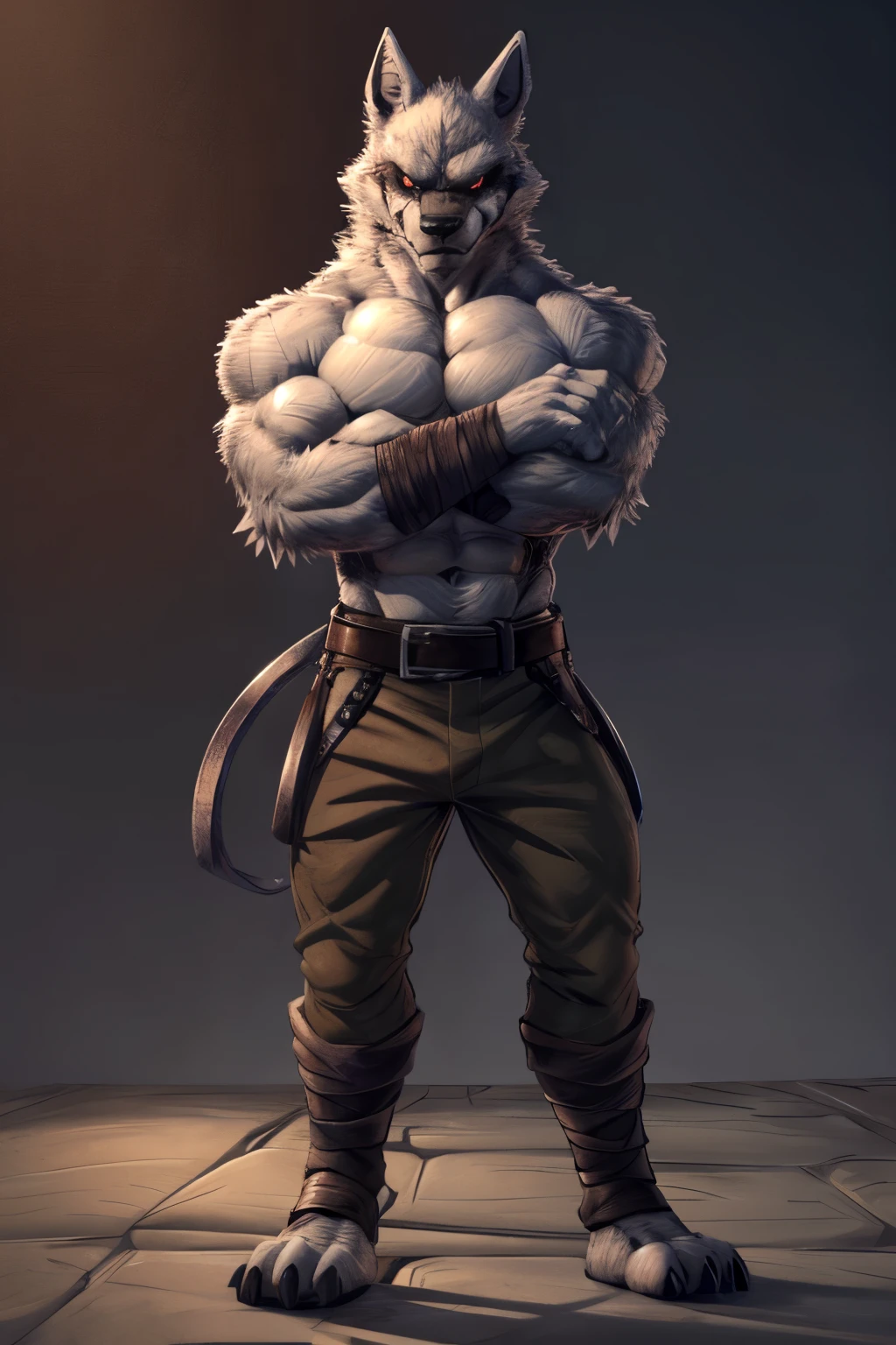 (by zackary911, anime, soft hatching), tall, mature, anthro, (skinny muscles, pecs, biceps, fit body), death (puss in boots), (armbands, brown pants, belt around waist), (posing, smirking, pose, dynamic pose, crossed arms)