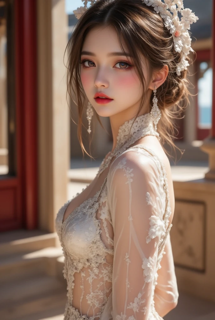 Blonde long-haired woman, black eye, royalty, white see-through dress, red jewelry, red earrings, moon, Noble, lady, high quality, very detailed, detailed face, masterpiece, city, garden, flowers, light,(((white see-through dress)))､(((upper body portrait)))