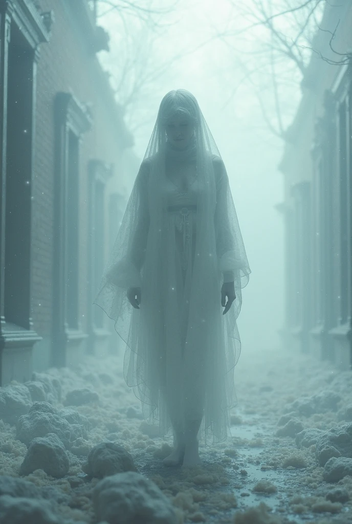 Make a thumbnail where "a ghost lady shouting 'I want justice' near the rg kar hospital " image ratio - 16:9