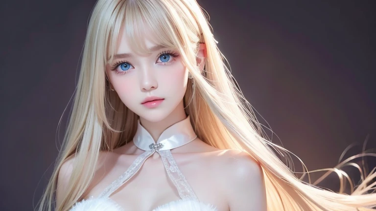 、femele、bright expression、youthful skin, Shiny, Fair and shiny、Best looking、Ultimate pretty Girl、Platinum blonde hair,Sparkling、shiny black hair,、Super long silky straight hair、Beautiful bangs that shine、crystal-clear、captivating blue eyes、Very nice and cute 18 year old girl、plump bust