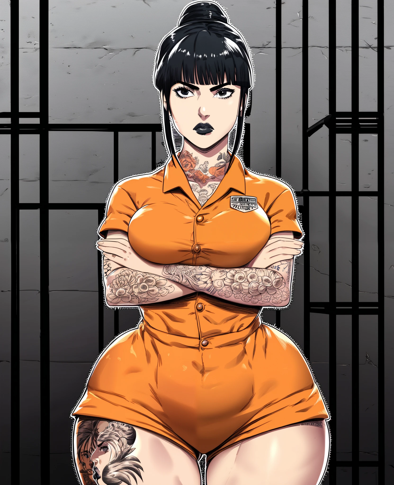 ((Beautyful girl,black hair,bangs,long black hair,black eyes,black lips,light-fair skin,wearing prisoner orange suit with short sleeves,orange prison shorts ,tattoo on her arms,wide hips,big breasts)),(((background of prison yard ,stand,crossing arms,serious mood,front view)))