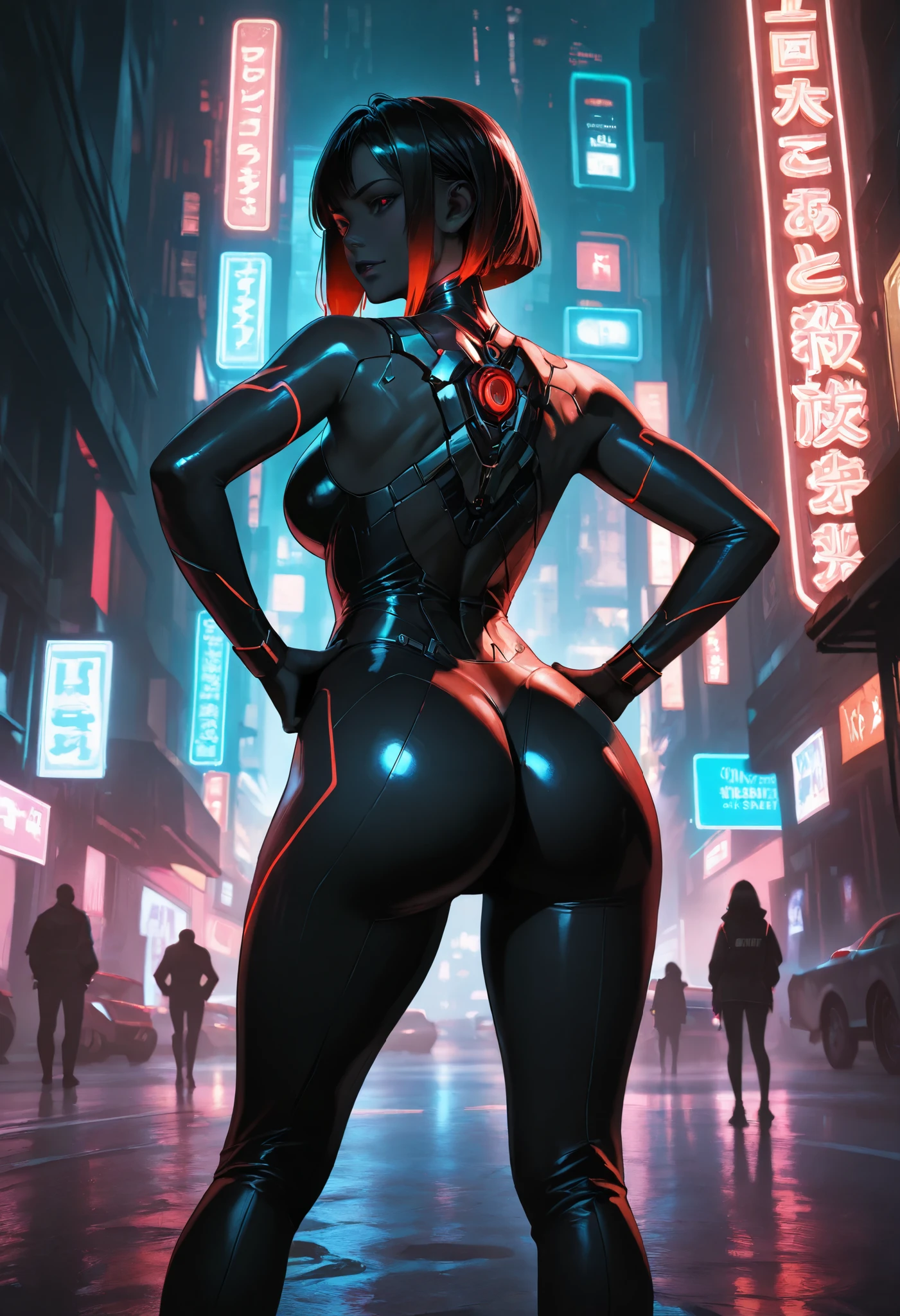 1girll, future warrior，cabelos preto e longos，flowy，crisp breasts，Toned Thighs，Tattooed with，Chest bumps，Black combat gear is worn on the head，Black skinny one-piece leather jacket，Black boots，There are round metal rings at the wrists and ankles，epcot，cyberpunk building，Detailed background，Clothing details，perfectly proportioned, Cinematic lighting, filmgrain, Fuji colors, lightand shade contrast, 8K, 巨作, Textured skin, Super detail, high detal, high qulity, A high resolution,