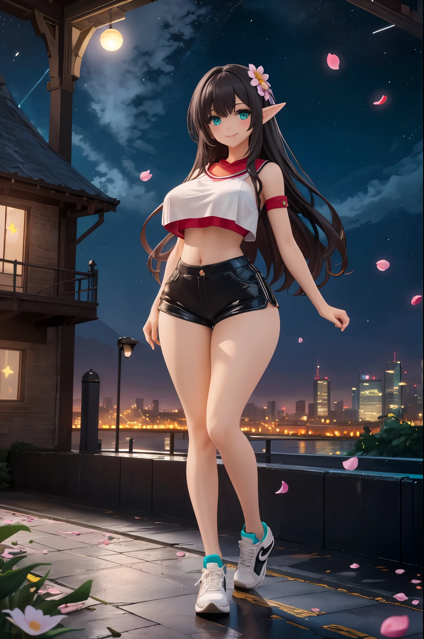 detailed image, beautiful image, an elf, dark hair, long hair, turquoise eyes, large breasts, short black waist, wide hips, thick thighs. She is wearing a crop top, thong shorts, she is standing on a street, sneakers, smiling, surrounded by a cityscape, falling flower petals, Starry night, ambient light, natural light.