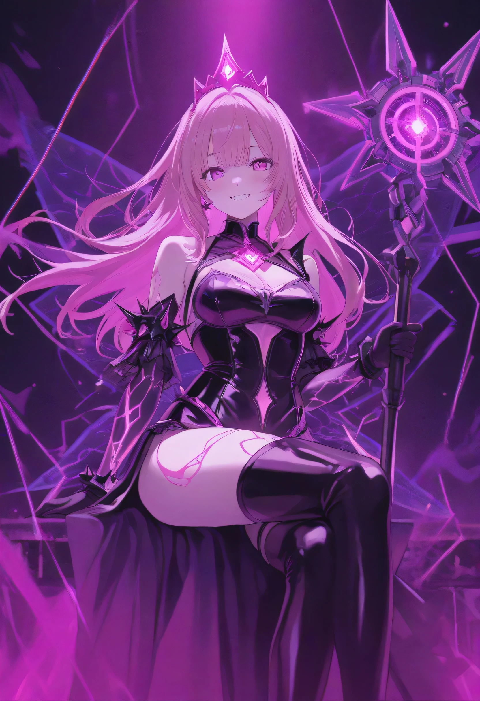 A pink haired female reaper with violet eyes with an hourglass figure in a black robe is posing on a gothic bed with a whip
