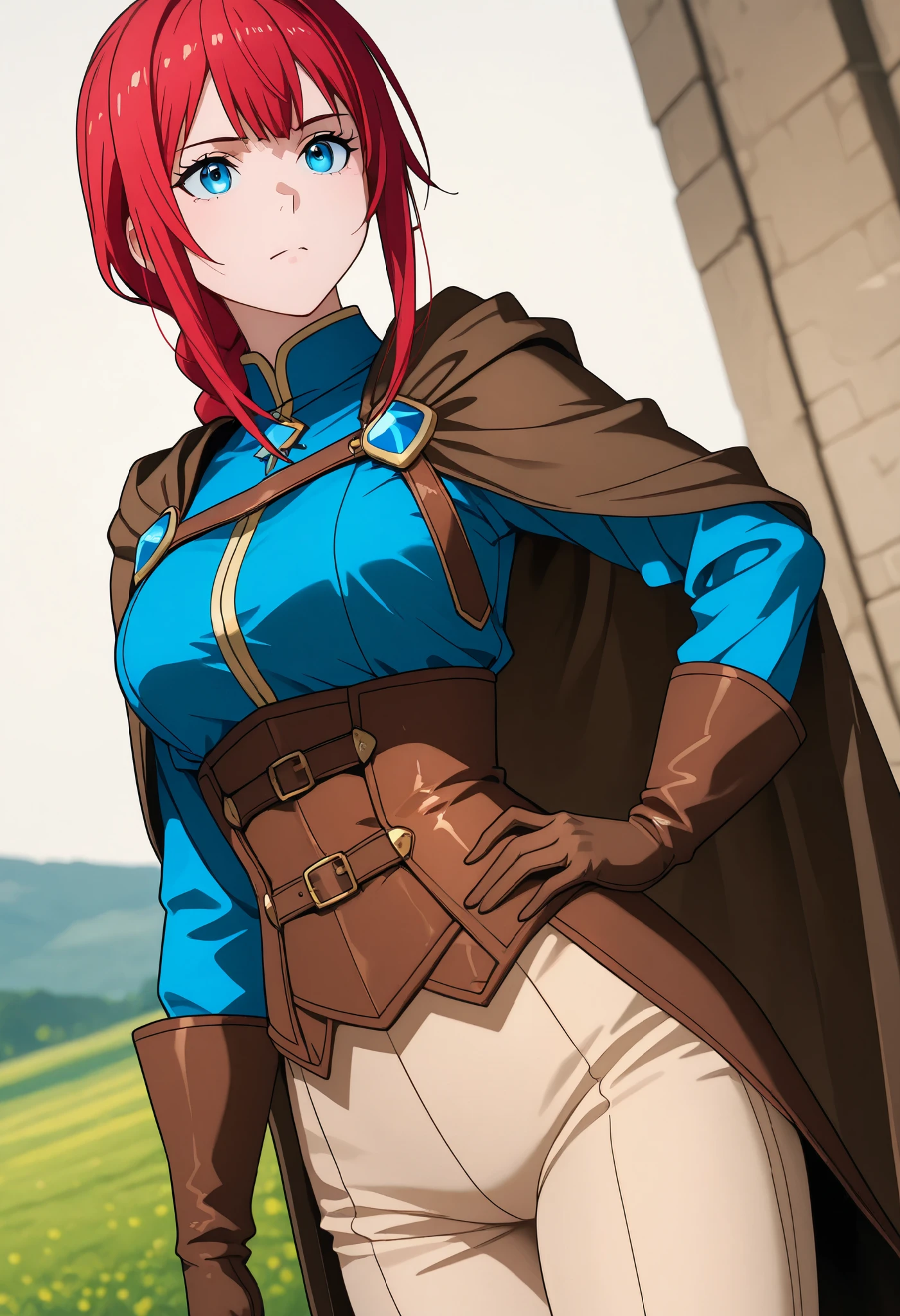 1 person, 1 girl, one person, one girl, red hair, braided ponytail, bangs, blue eyes, sidelocks, medium hair, long hair, medieval magician, medeval heroine, solo, azure blue shirt, beige pants, beige tight pants, leather gloves, leather corset, miner, brown light travel cape, RPG style, fantasy adventurer outfit, outdoors, in a meadow, elegant, dominant, confident, hand on hip, dutch angle, cowboy shot, perfect eyes, perfect body