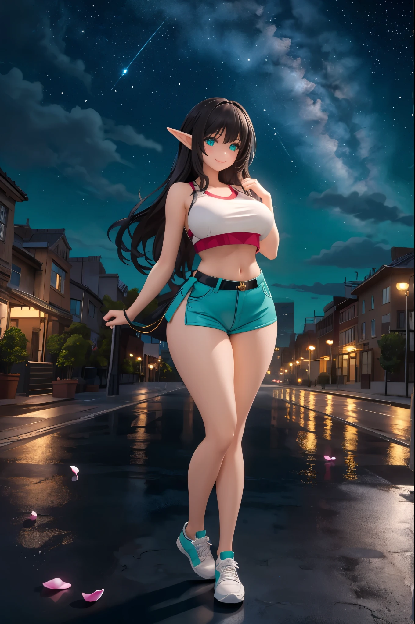 detailed image, beautiful image, an elf, dark hair, long hair, turquoise eyes, large breasts, short black waist, wide hips, thick thighs. She is wearing a crop top, thong shorts, she is standing on a street, sneakers, smiling, surrounded by a cityscape, falling flower petals, Starry night, ambient light, natural light.