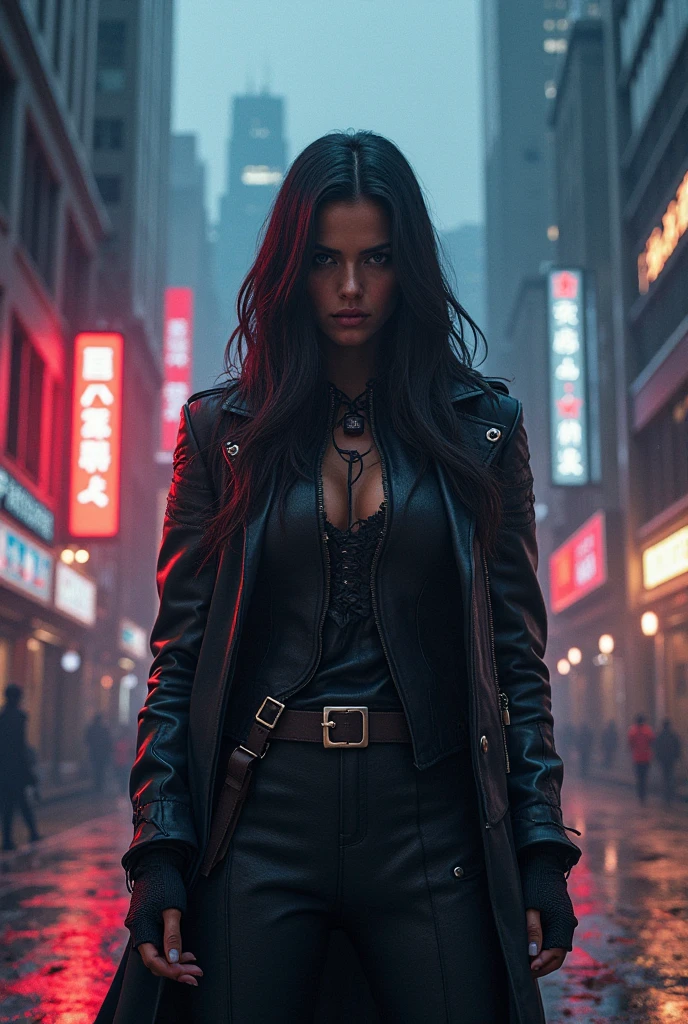 Futuristic punk saber woman with two blades in her hand, in realistic ipe style and with many details, perfect atmosphere and dynamic lighting