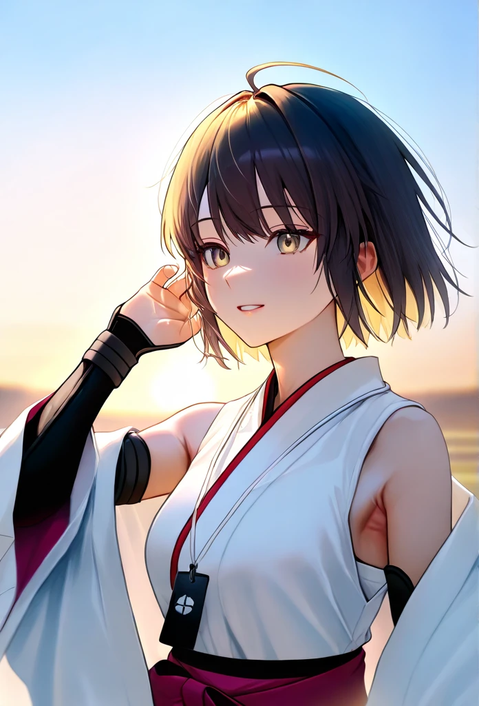 masterpiece, best quality, ultra-detailed, 1woman, solo, ((mature face)), milf, makotoms, ribbon choker, dougi, sports bra, belt, cleavage, kimono, on a mountain, cowboy shot, volumetric lighting, intricate details, tonemapping, sharp focus, hyper detailed  <lora:Makoto:0.9>