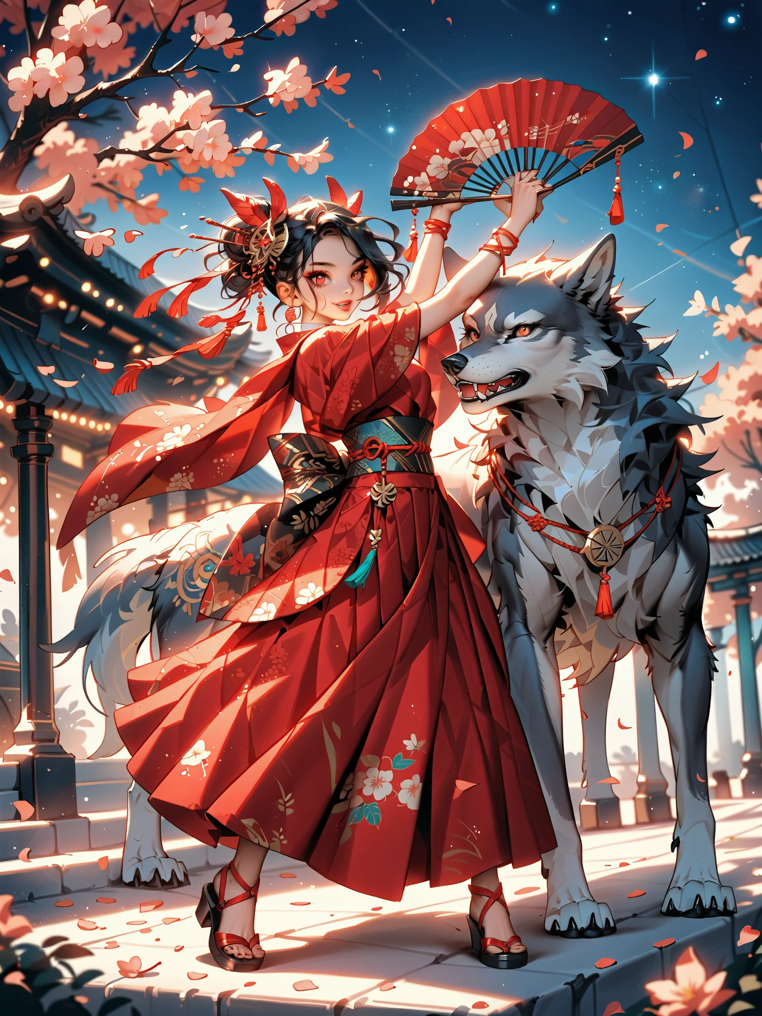 dynamic pose(Foldable Silk Fanを優雅に開き、dancing Japanese dance,)Beautiful age girl illuminated by the moon(A deep smile, black hair,slender figure,supple and curved proportions that glow in Prism School's rainbow colors）A large amount of rainbow-colored particles swirl around the center。
(Foldable Silk Fan)、(Sumptuous gold thread embroidered cherry blossoms and auspicious patterns、The finest red silk kimono、)Gold-embellished hairpin、Sandals。
Weeping cherry blossoms 、Cherry blossom petals soar in large numbers,Jet black night sky 、starry sky。
An anime picture that looks like it was drawn by a top illustrator。
