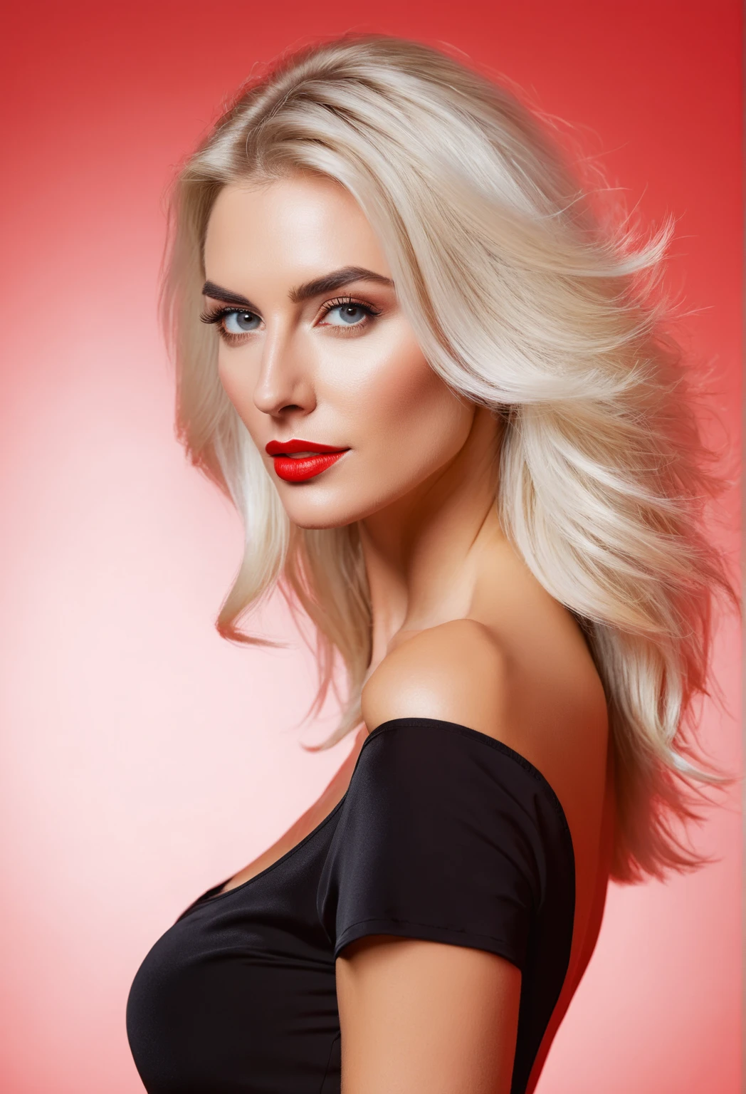 white-haired beautiful sexy busty muscular woman in a red business suit with a deep neckline