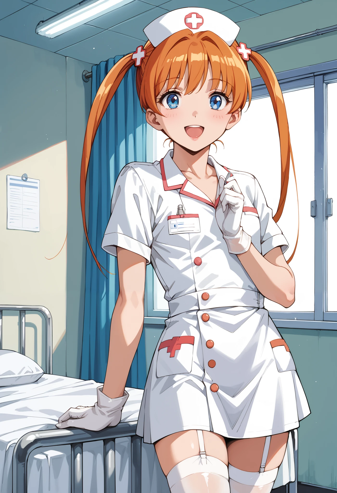 Score_9, score_8_up, score_7_up, source_anime, Inaba Kyouko, solo, twintails, orange hair, blue eyes, flat chest, (best quality), (high quality), {masterpiece}, extremely delicate and beautiful, ultra-detailed, beautiful detailed eyes, nurse, nurse hat, ((white nurse's outfit)), white gloves, white thighhighs, hospital room, smile, open mouth, standing