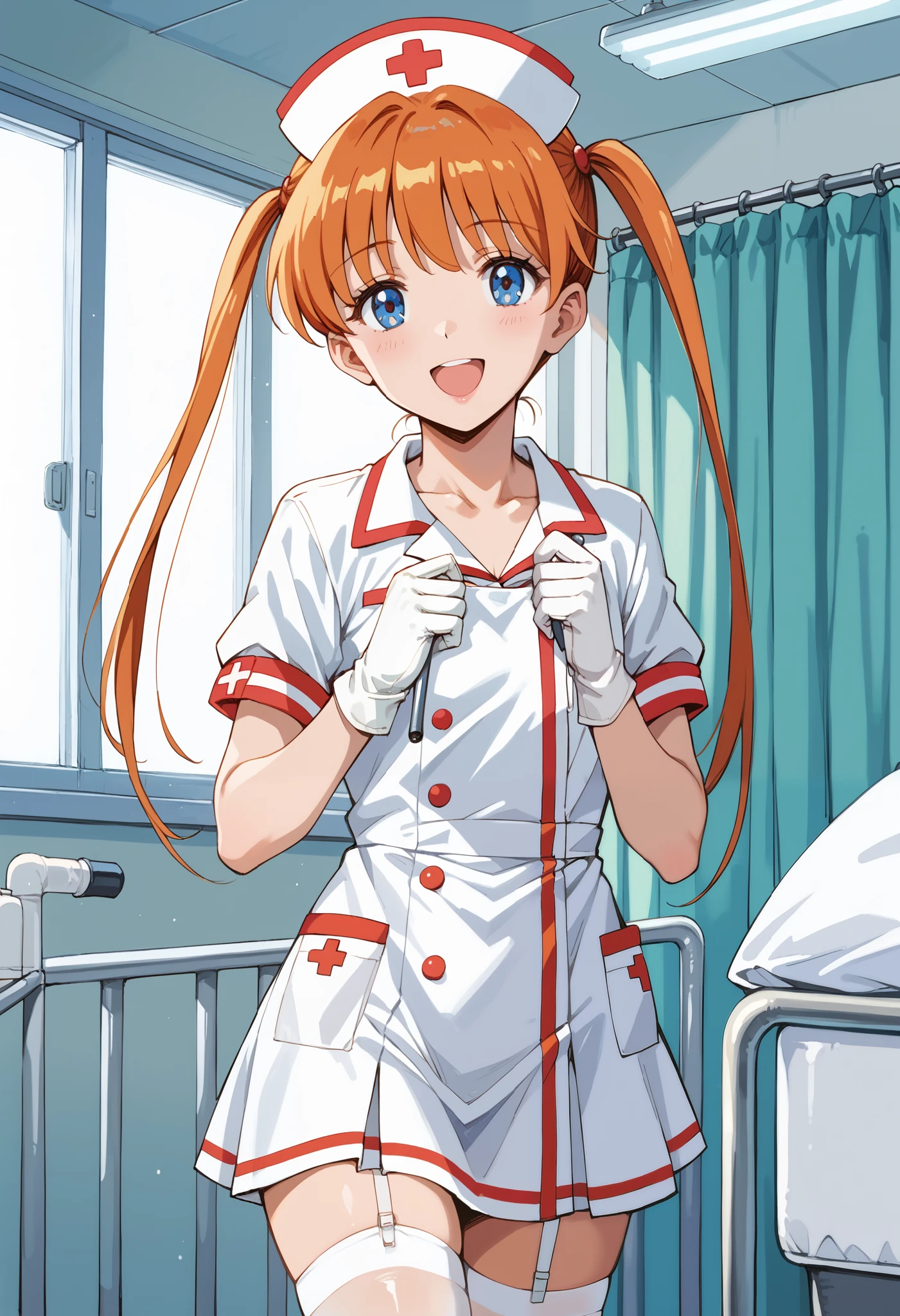 Score_9, score_8_up, score_7_up, source_anime, Inaba Kyouko, solo, twintails, orange hair, blue eyes, flat chest, (best quality), (high quality), {masterpiece}, extremely delicate and beautiful, ultra-detailed, beautiful detailed eyes, nurse, nurse hat, ((white nurse's outfit)), white gloves, white thighhighs, hospital room, smile, open mouth, standing