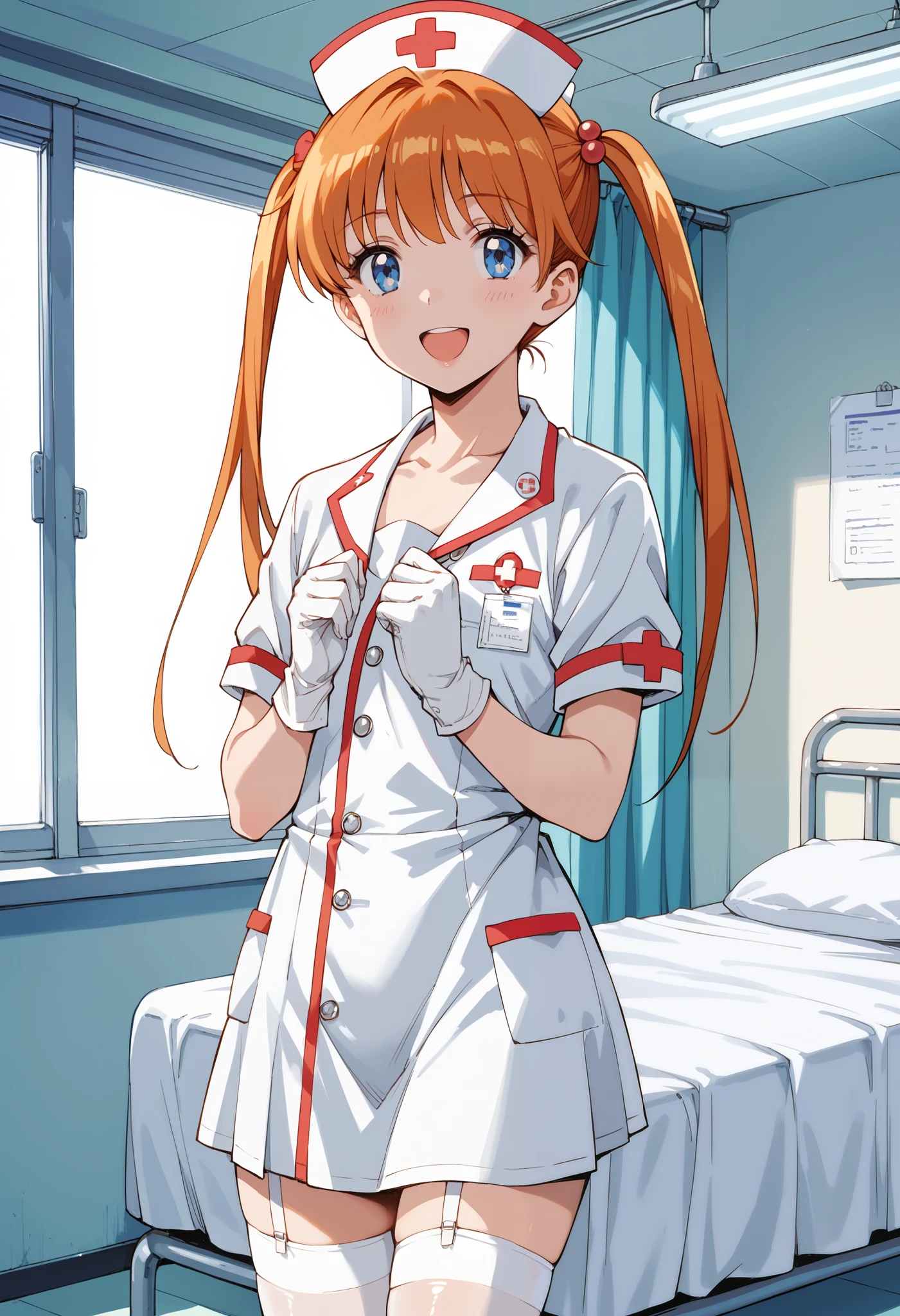 Score_9, score_8_up, score_7_up, source_anime, Inaba Kyouko, solo, twintails, orange hair, blue eyes, flat chest, (best quality), (high quality), {masterpiece}, extremely delicate and beautiful, ultra-detailed, beautiful detailed eyes, nurse, nurse hat, ((white nurse's outfit)), white gloves, white thighhighs, hospital room, smile, open mouth, standing