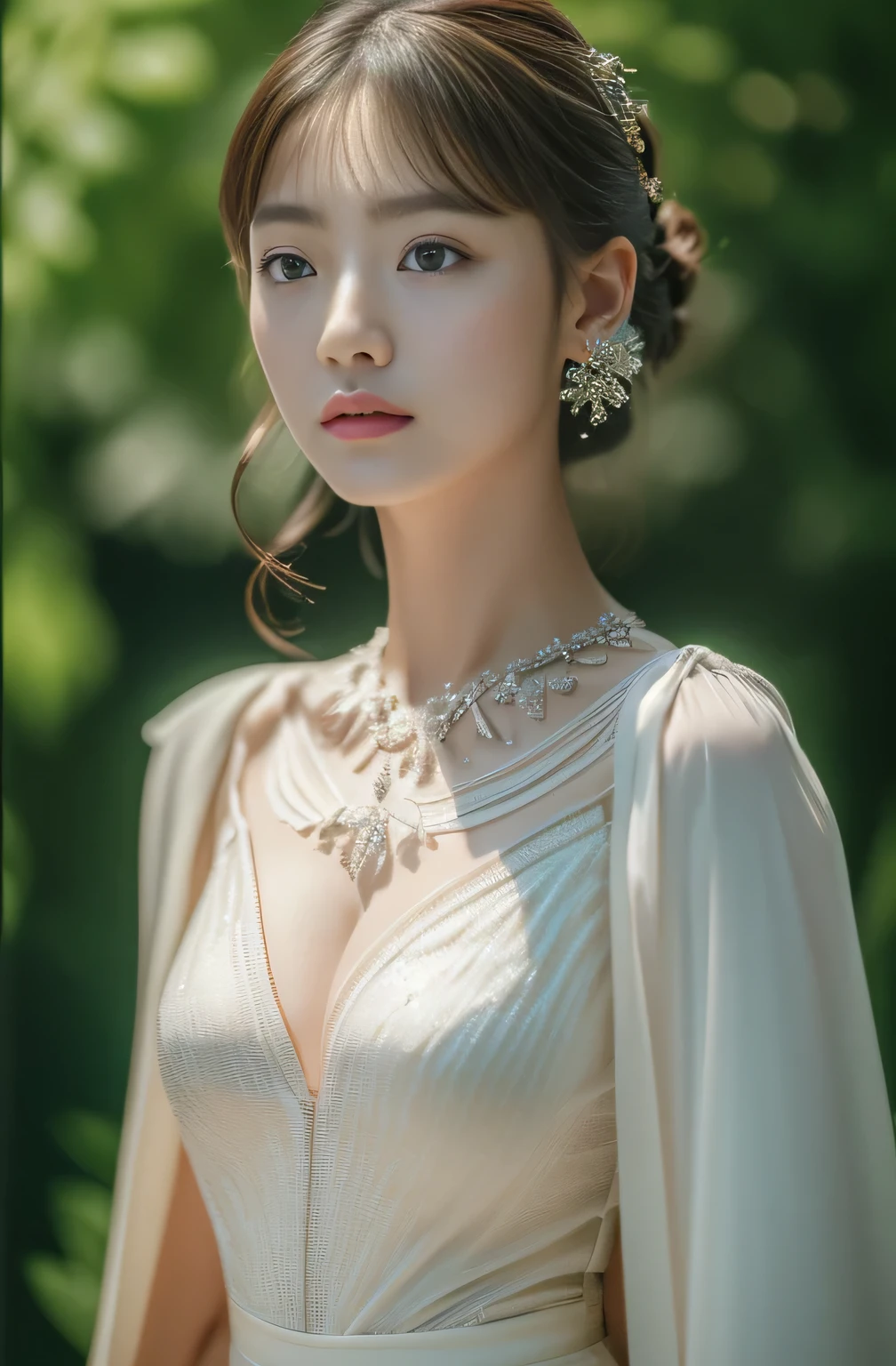jewelry, solo, earrings, necklace, brunette hair, smile, single bun, (formal:1.6), reality, bun, bracelet, grin, ulzzang-6500v1.1, (original: 1.2), (reality: 1.3) , beautiful girl with beautiful details, extremely detailed eyes and face, eyes with beautiful details, ridiculous, incredibly ridiculous, huge file size, ultra detail, high resolution, super detailed, best quality, masterpiece, Illustrations, super detailed and beautiful, super detailed, CG, unity, 8k wallpaper, amazing, fine details, masterpiece, top quality, official art, extremely detailed CG Unity 8k wallpaper, cinematic lights, (perfect shiny skin:0.6), slender and smooth lines, (floating), (small breasts: 1), earrings, in a beautiful garden, panorama