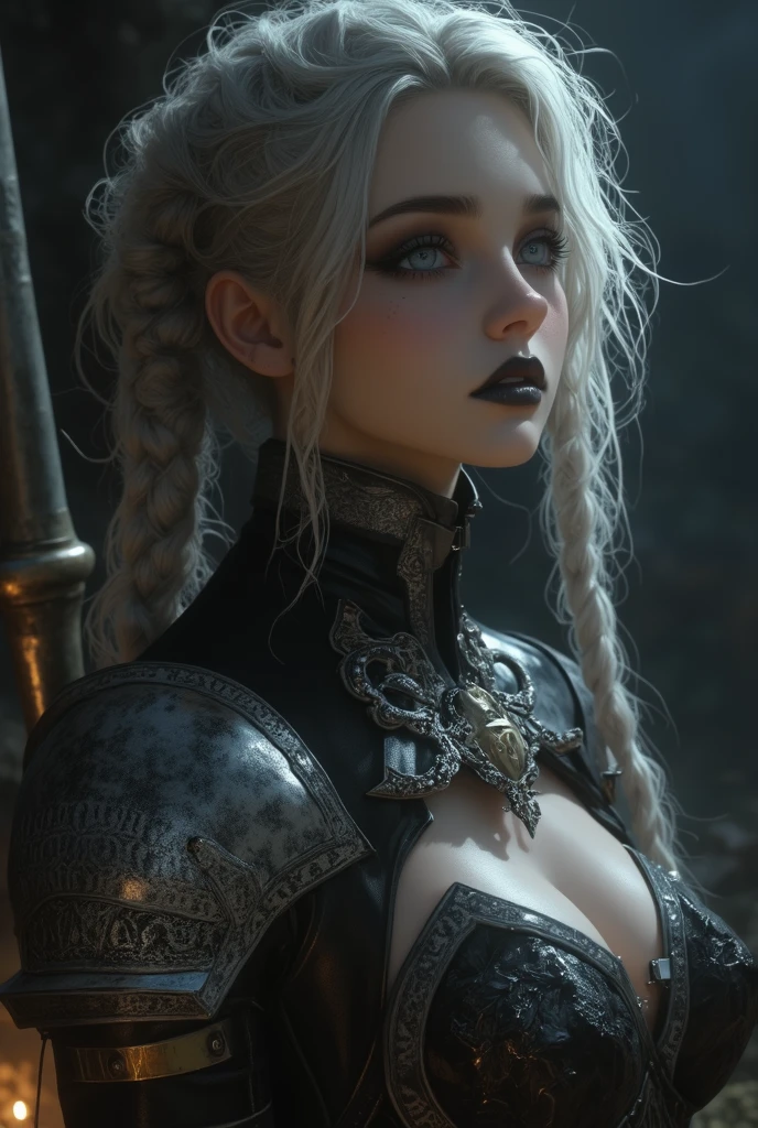 (extremely detailed:1.3), (masterpiece:1.3), sfw, (fantasy of terror art:1.3), a (dutch angle:1.4) illustration of a (woman (vampire:1.1) with an athletic body:1.3), (detailed pale white skin, detailed hands, detailed fingers, detailed face with blood splatters, detailed lips with blood smears:1.3), (detailed long curly blonde hair:1.3), (defined detailed brown eyes), (small breasts:1.3), (fatally lusty:1.3), (in a seductive pose:1.4), (wearing intricately detailed broken chrome and midnight blue (full plate armor:1.1) made of bronze and metal with detailed etchings, thick heavy armor plating, heavy plate armor dress, intricate delicate helmet:1.3), (apocalyptic storm:1.3), (detailed broken vampire castle in the background:1.5), (nighttime, night, dim lighting, dark atmosphere:1.4), (sharp focus, (strong depth of field:1.5)), ultra quality  
,hourglass body shape