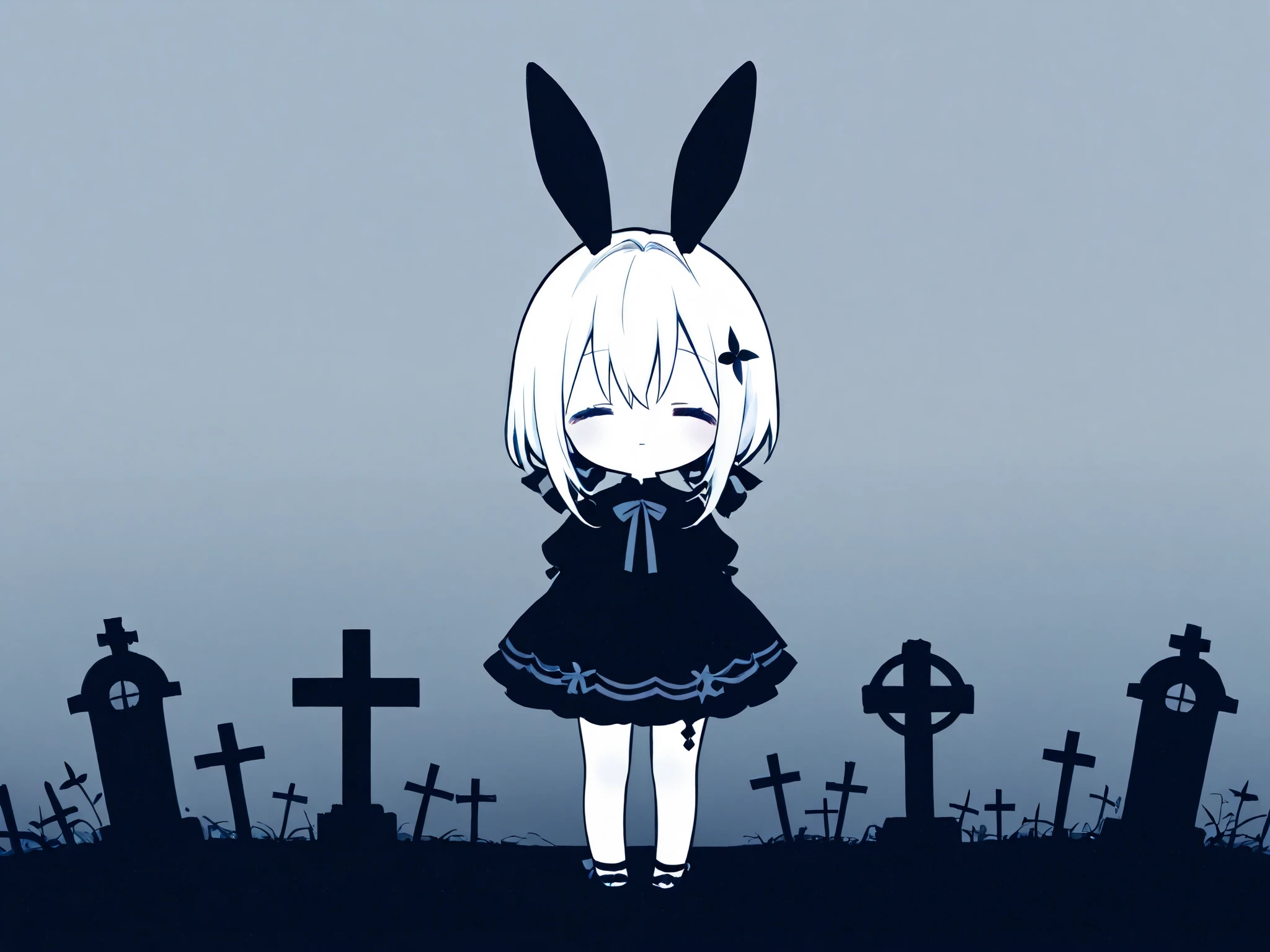 General,AIU,Komeshiro Kasu style,usnr,Flat Design, Silhouette Art,anime style, 1chibi character\(short hair, bunny ears, closed eyes,white skin,peaceful expression,[monochrome,dark gothic illustration:Pastel gradation color,dreamy illustration:0.3],\),solo,gentle glow, gradient background,gray and soft blue and soft pink,derelict graveyard, focus on silhouette symmetry,best quality, minimalism, simple background, 