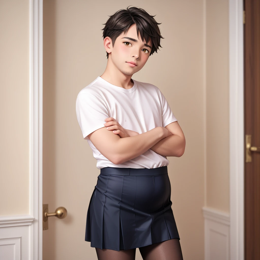 A young man, having long legs, thick thighs, large hips, thin and narrow weist, very small spikey boyish haircut, wearing blue skirt and formal shirt, tugged in, going to school, , very small spikey boyish haircut , bearded , 