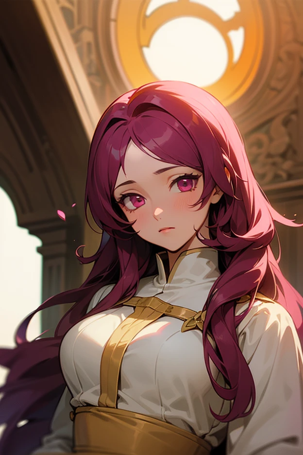 FE16, Fire Emblem, Fire Emblem Three Houses, Fire Emblem Warriors Three Hopes, simple background, grey background, light top left, Cornelia, 1 girl, red hair, Green eyes, Very Long Hair, Streaked Hair, (Happy:1.2), (Older:1.3), mature woman, tiara, very large breasts