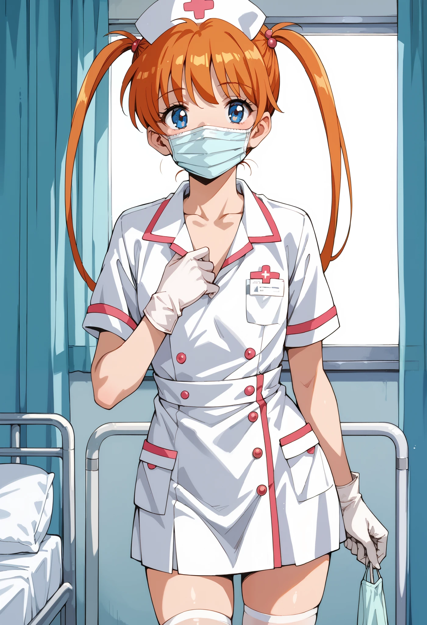 Score_9, score_8_up, score_7_up, source_anime, Inaba Kyouko, solo, twintails, orange hair, blue eyes, flat chest, (best quality), (high quality), {masterpiece}, extremely delicate and beautiful, ultra-detailed, beautiful detailed eyes, nurse, nurse hat, ((white nurse's outfit)), white gloves, white thighhighs, hospital room, ((white surgical mask, covered nose)), standing