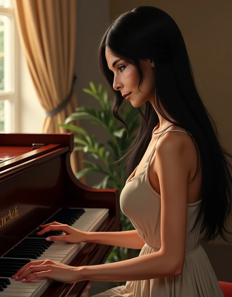 Frau schwarze haare von hinten, piano, sexy, herbst wald im hintergrund