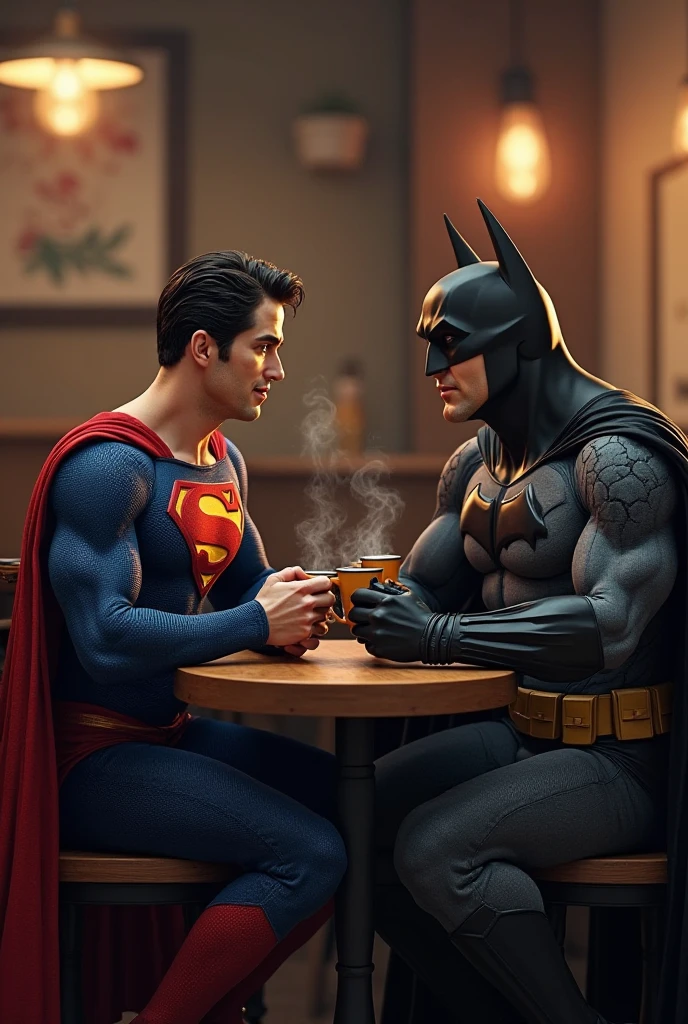Batman and Spiderman drinking coffee together 
