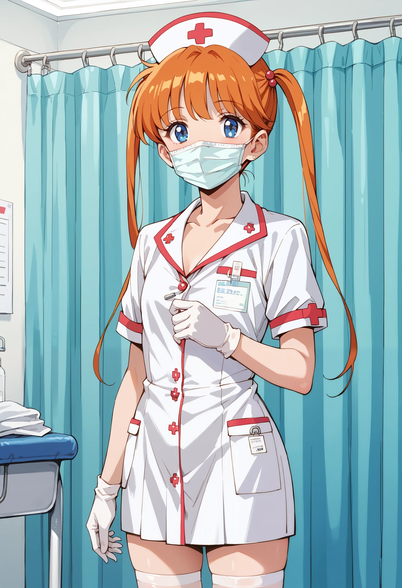Score_9, score_8_up, score_7_up, source_anime, Inaba Kyouko, solo, twintails, orange hair, blue eyes, flat chest, (best quality), (high quality), {masterpiece}, extremely delicate and beautiful, ultra-detailed, beautiful detailed eyes, nurse, nurse hat, ((white nurse's outfit)), white gloves, white thighhighs, hospital room, ((white surgical mask, covered nose)), standing