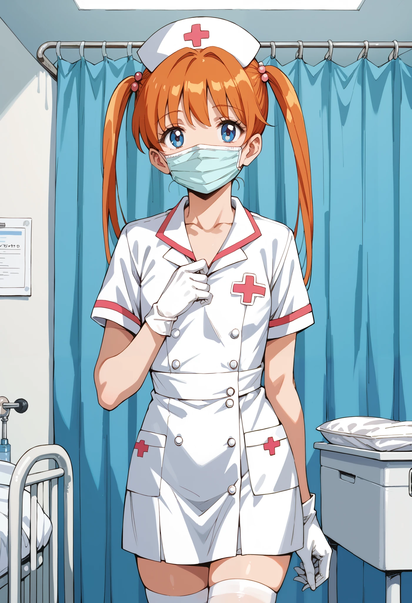 Score_9, score_8_up, score_7_up, source_anime, Inaba Kyouko, solo, twintails, orange hair, blue eyes, flat chest, (best quality), (high quality), {masterpiece}, extremely delicate and beautiful, ultra-detailed, beautiful detailed eyes, nurse, nurse hat, ((white nurse's outfit)), white gloves, white thighhighs, hospital room, ((white surgical mask, covered nose)), standing