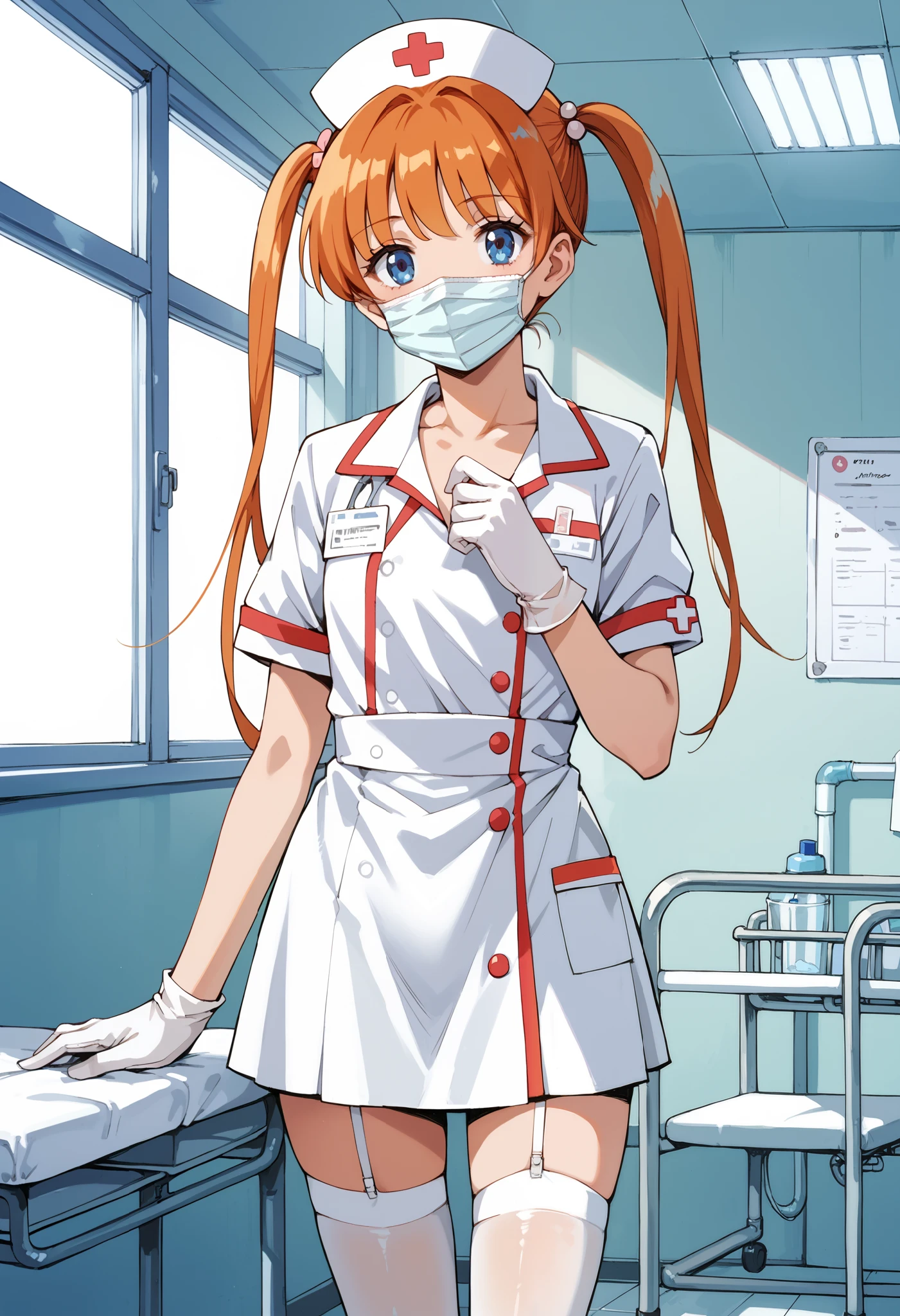 Score_9, score_8_up, score_7_up, source_anime, Inaba Kyouko, solo, twintails, orange hair, blue eyes, flat chest, (best quality), (high quality), {masterpiece}, extremely delicate and beautiful, ultra-detailed, beautiful detailed eyes, nurse, nurse hat, ((white nurse's outfit)), white gloves, white thighhighs, hospital room, ((white surgical mask, covered nose)), standing