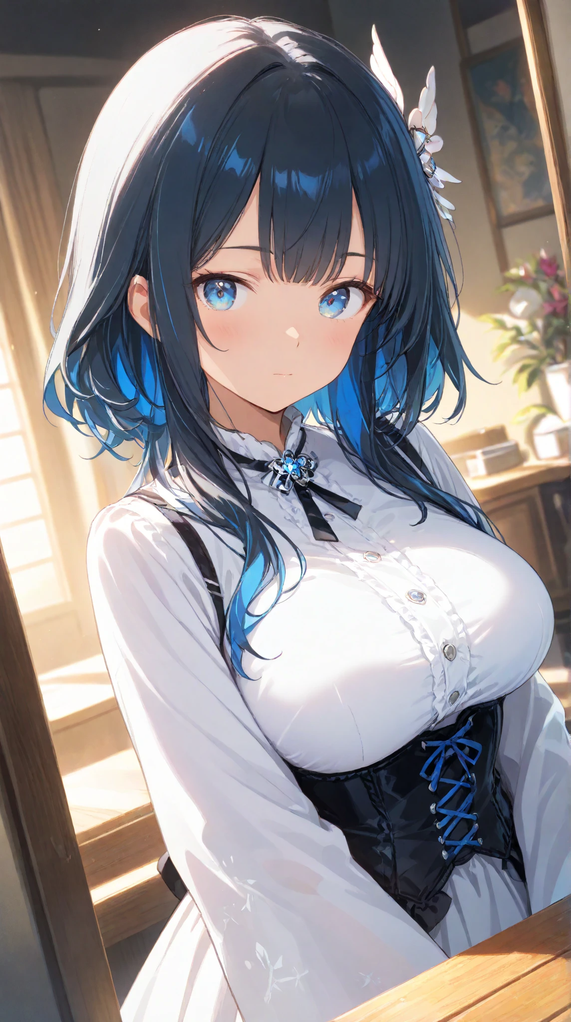Black-haired, blue-eyed, large-breasted woman