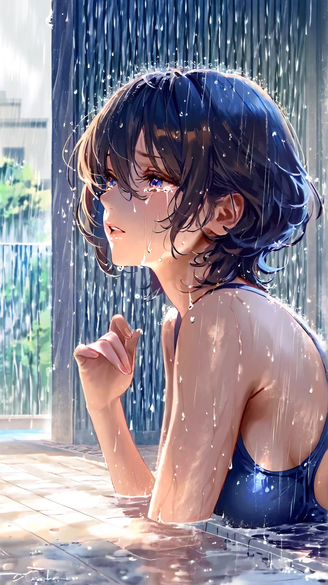 A hyper-realistic, ultra-detailed masterpiece featuring a beautiful woman with messy, wavy short hair, completely soaked by heavy rain. She is crying in a penthouse's open pool, with raindrops falling intensely around her, water streaming down her face and shoulders. Aesthetic_PDXL.