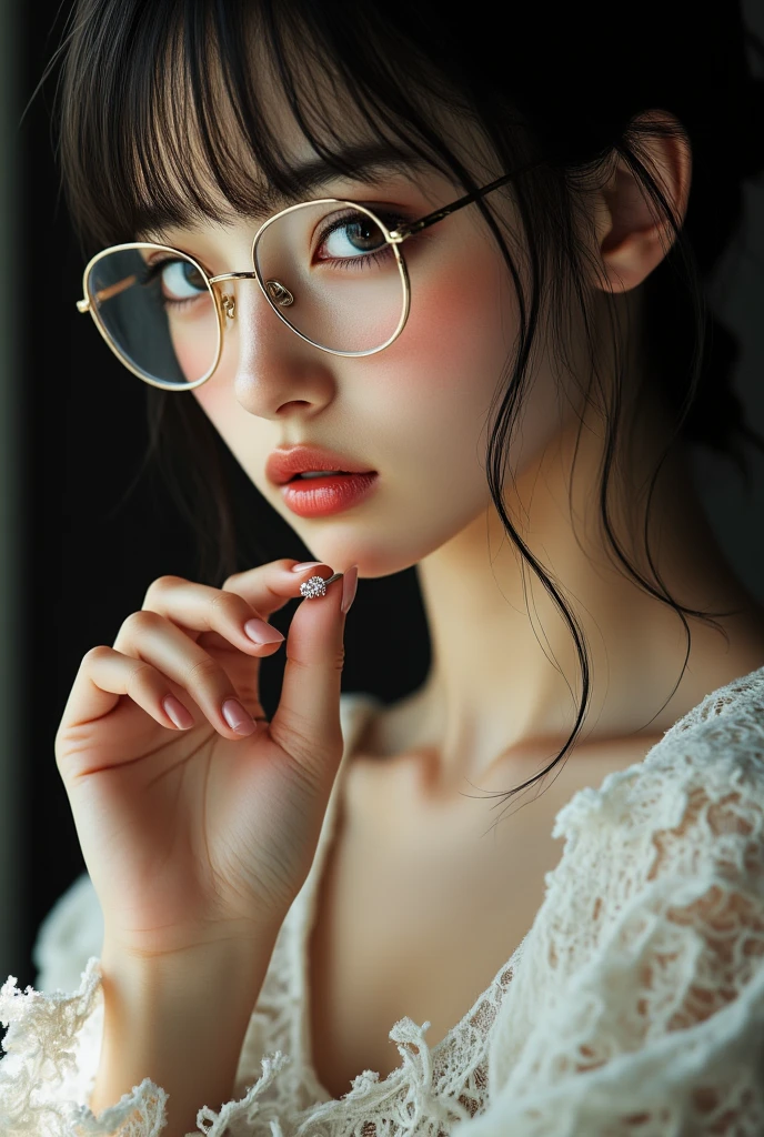 ((Highest quality)), ((傑Highest quality、masterpiece、High sensitivity、Hi-Res、detailed description、depicting a delicate face))Slender Woman、glasses、thin eyebrows、Pull out the ring、wedding dress、