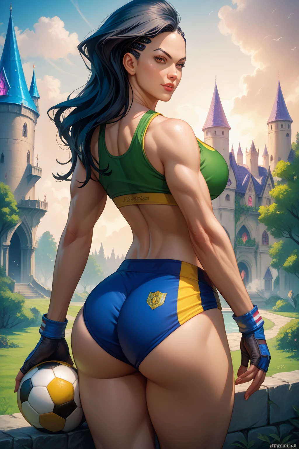 laura matsuda, black hair, side hair, muscular fit toned athletic body, big breasts, wide hips, big round ass, thick muscular thighs, brazilian football team, sports bra, buruma, detailed realistic portrait, photorealistic, 8K, high resolution, masterpiece, physically-based rendering, extreme detailed, professional, vibrant colors, cinematic lighting, epic fantasy scene, medieval castle, mystical forest, dramatic cloudy sky, from front