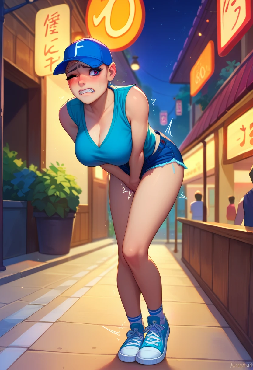 masterpiece, hyper realistic, realistic skin, best quality, 1girl, city pop, market, puddle, philippines, looking at another, topless, full body, vector illustration, nipples, light smile, blunt bangs, long hair, tube top, stomach, navel, bare shoulders, blonde, ponytail, wet, soaked, people on background, manila, raining, dolphin shorts, child, petite, tropical, sneakers, laughing, hands up, jumping, tongue out, long tongue